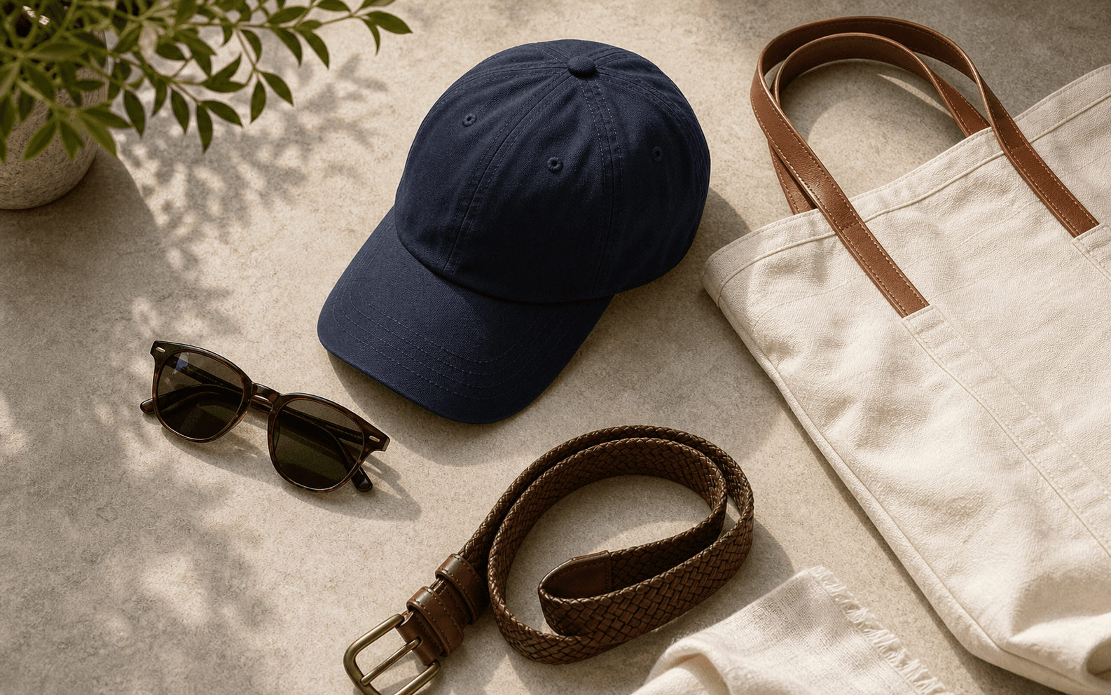 A clean cap, sunglasses, and canvas tote arranged for summer city dressing.