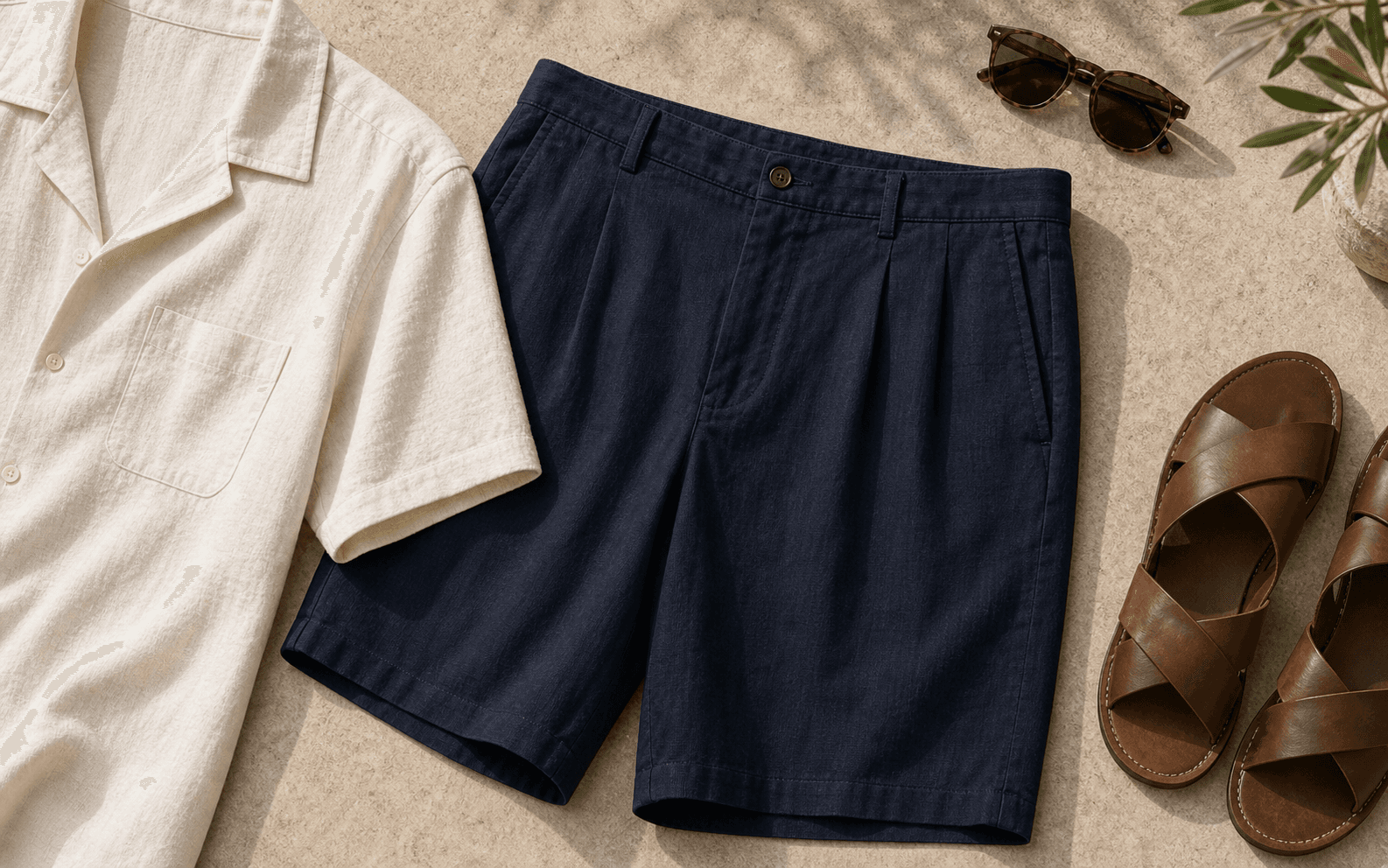 Tailored navy shorts styled with summer city accessories.