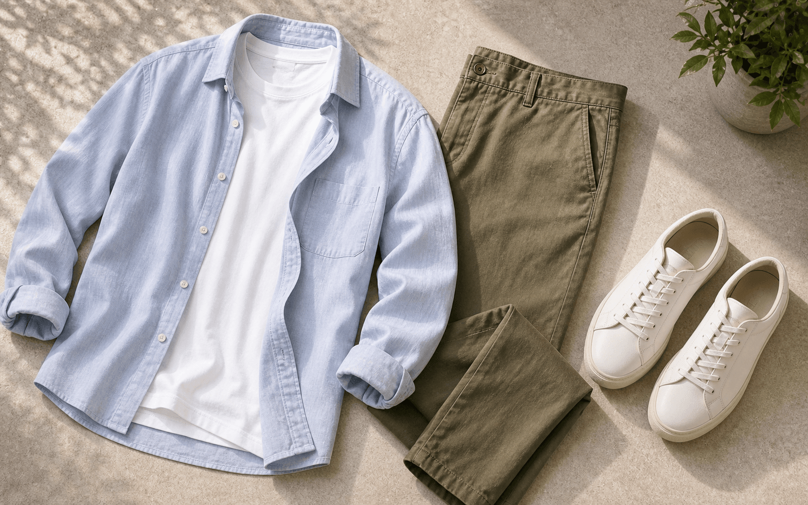 A plain tee, lightweight chinos, clean sneakers, and open cotton shirt for a budget summer upgrade.