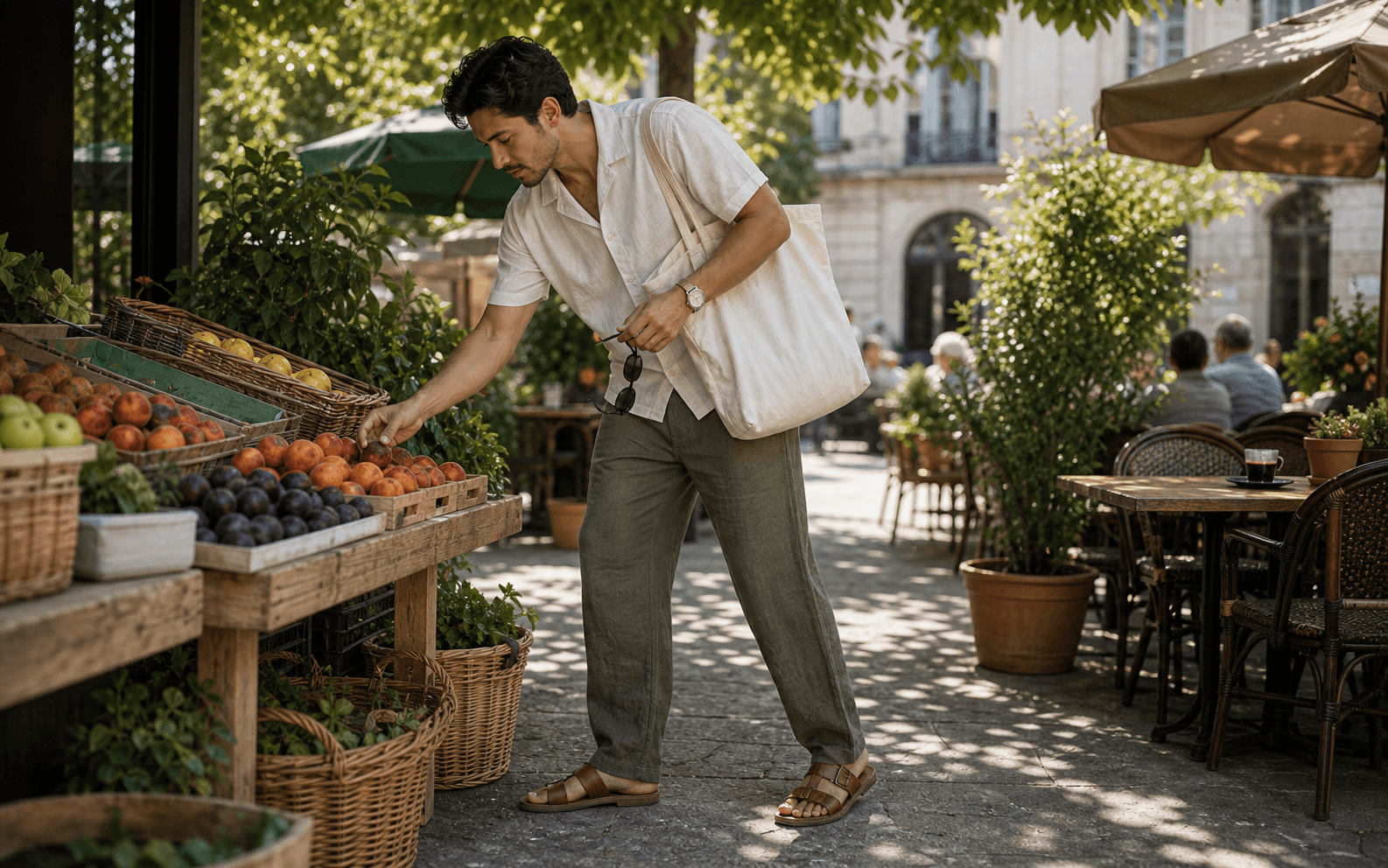 A structured tee, linen trousers, clean sneakers, and sunglasses for a summer city day.