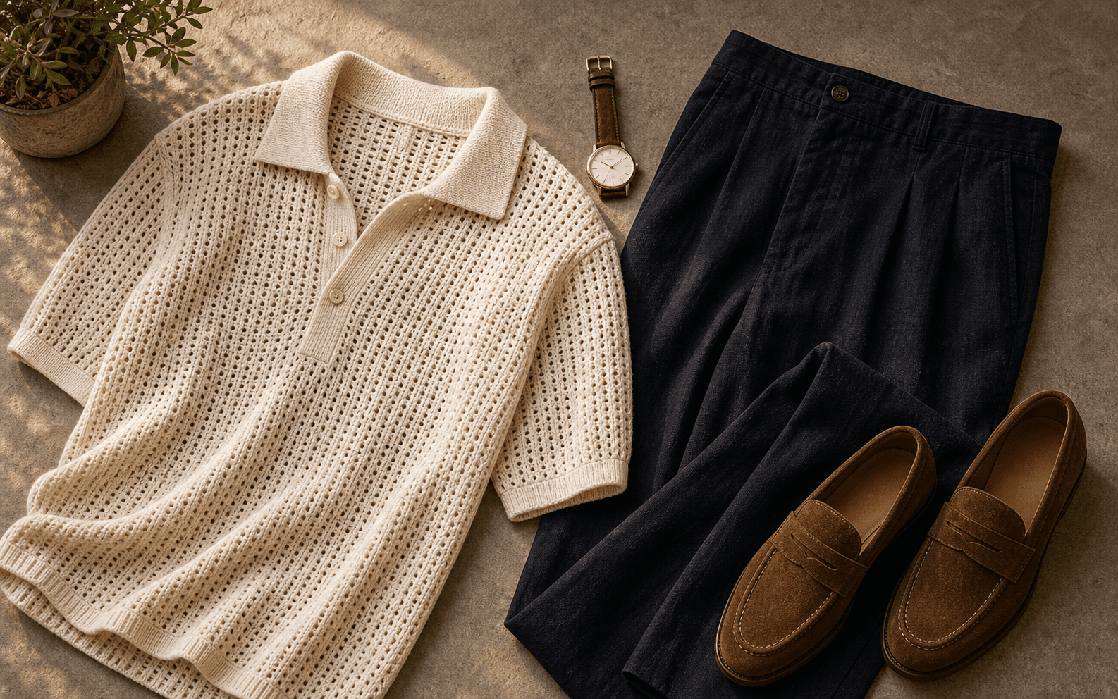An open-weave knit polo, linen trousers, suede loafers, and a watch for summer dinner.