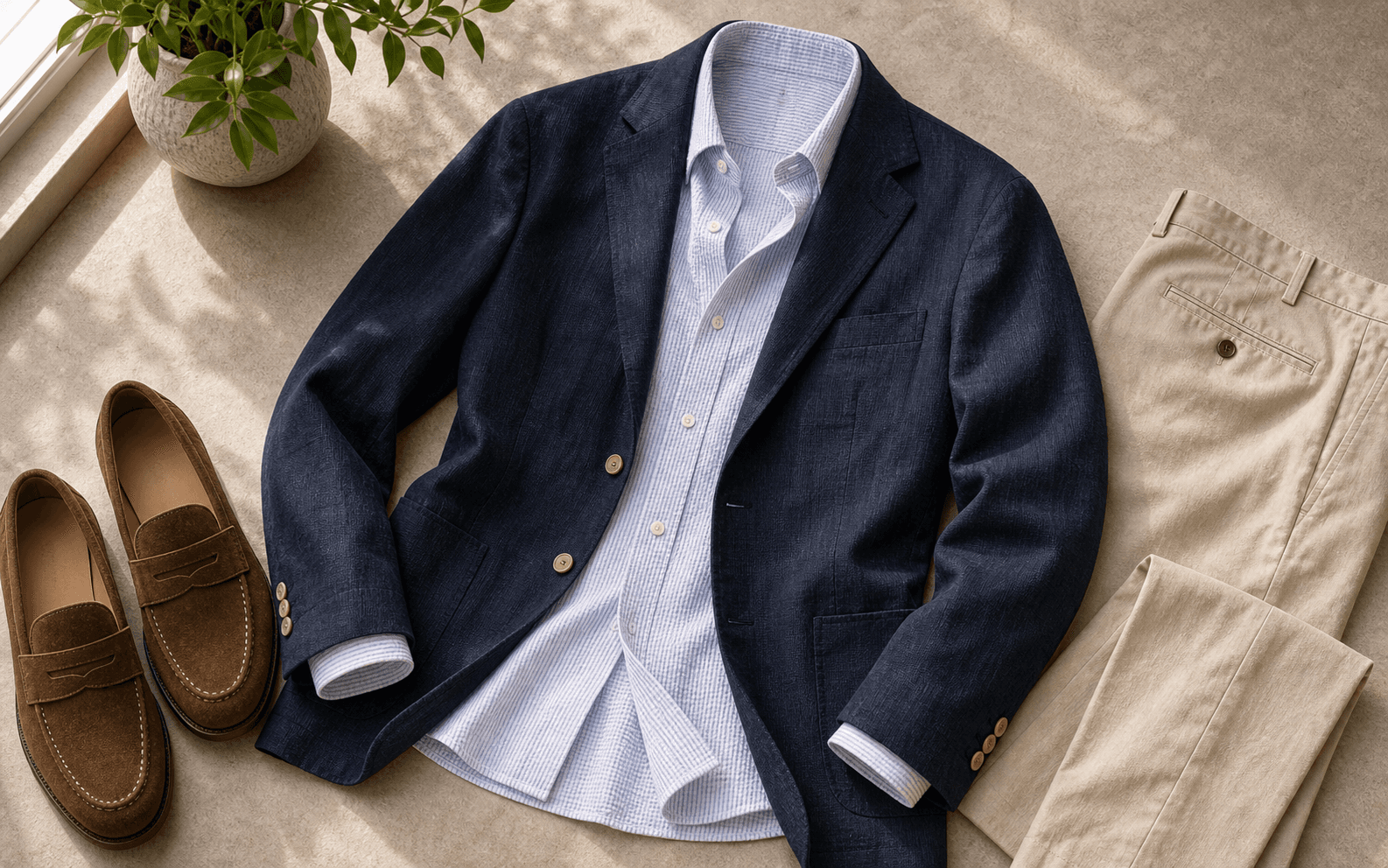 A seersucker shirt, lightweight chinos, loafers, and soft blazer for summer office style.