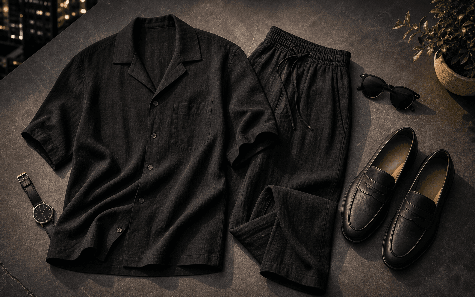 A black camp collar shirt with relaxed charcoal trousers and loafers for a summer night out.