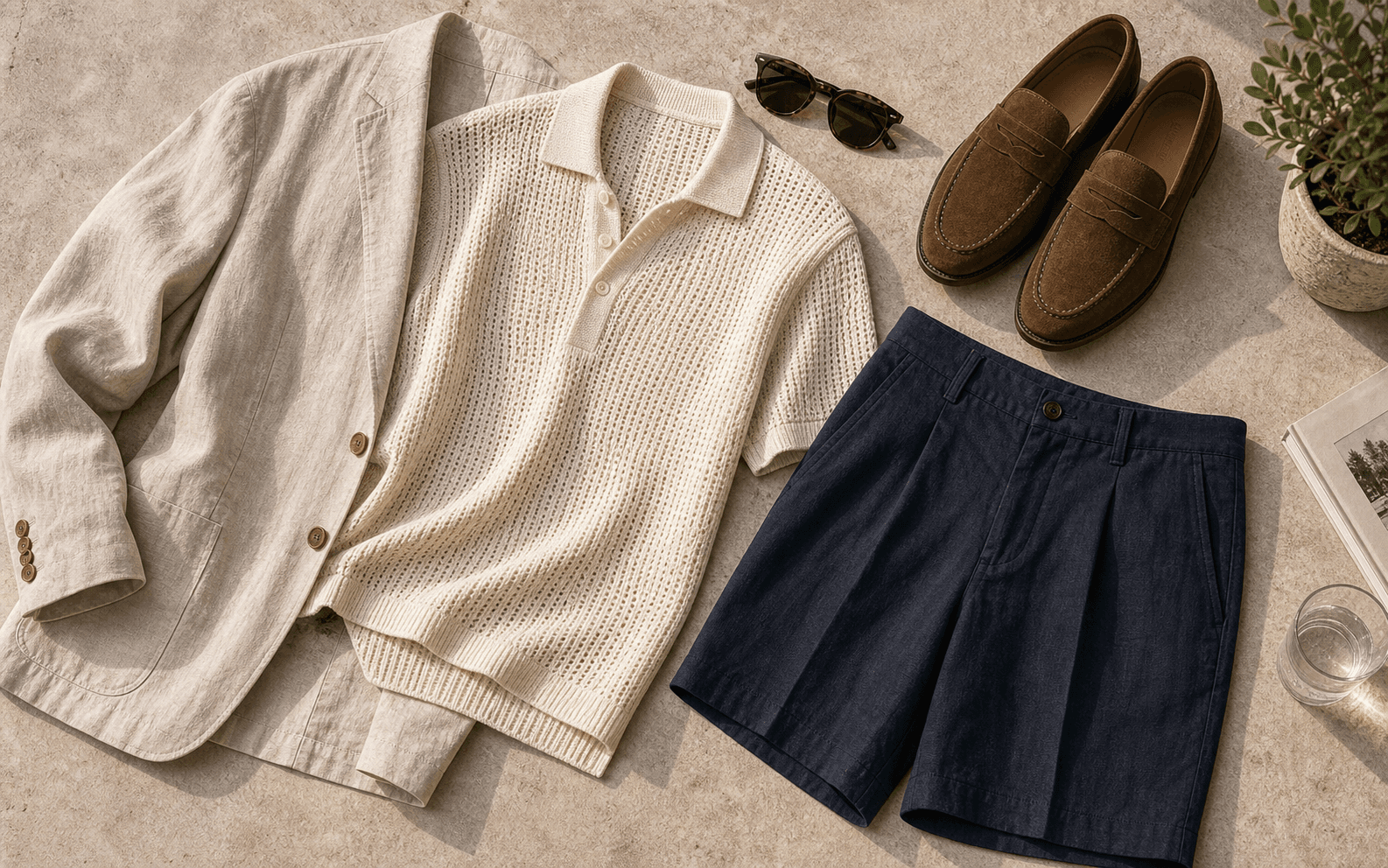Tailored shorts, a knit polo, soft blazer, and loafers styled as summer tailoring.