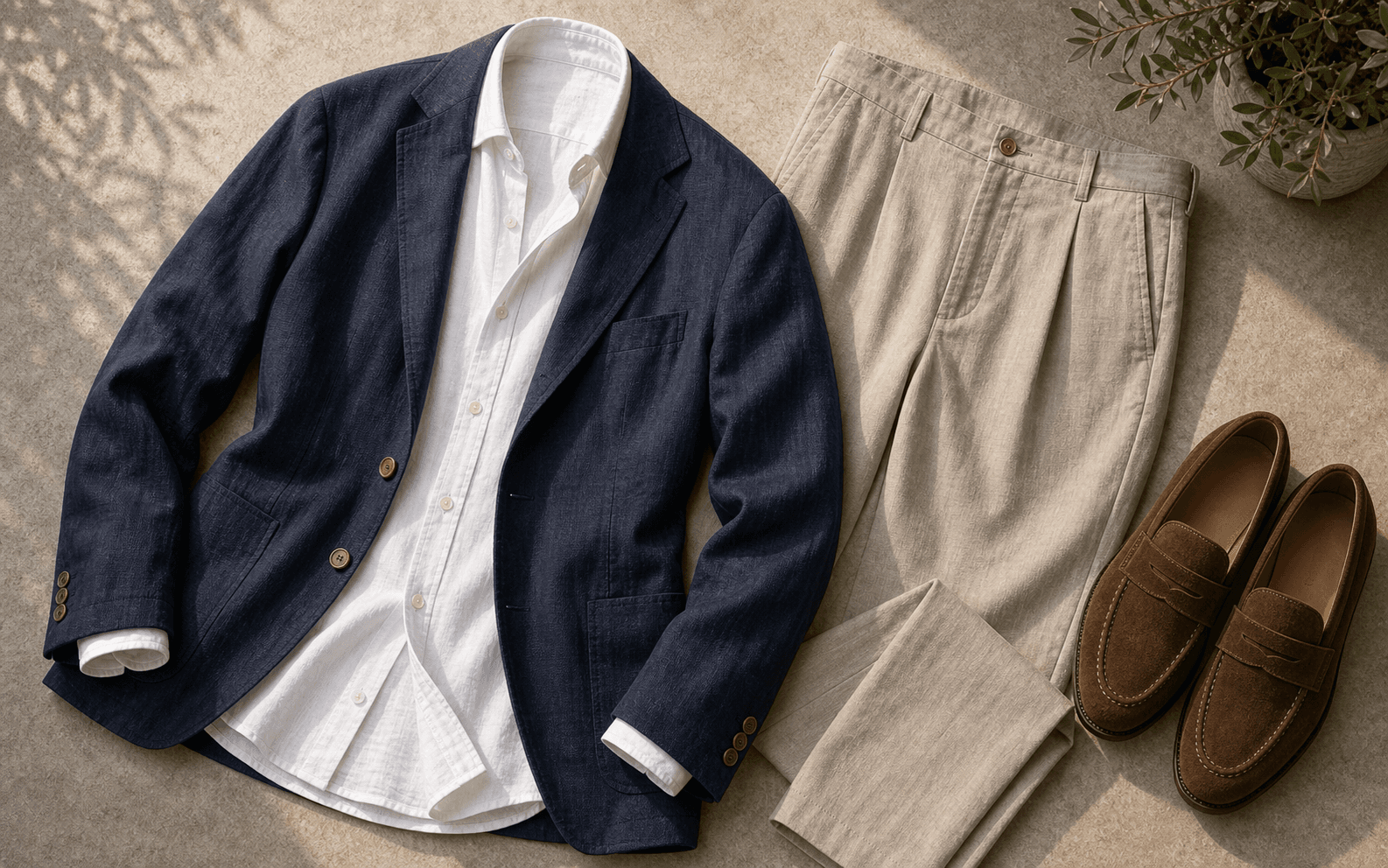 A linen shirt, tropical wool trousers, unstructured blazer, and loafers for summer polish.
