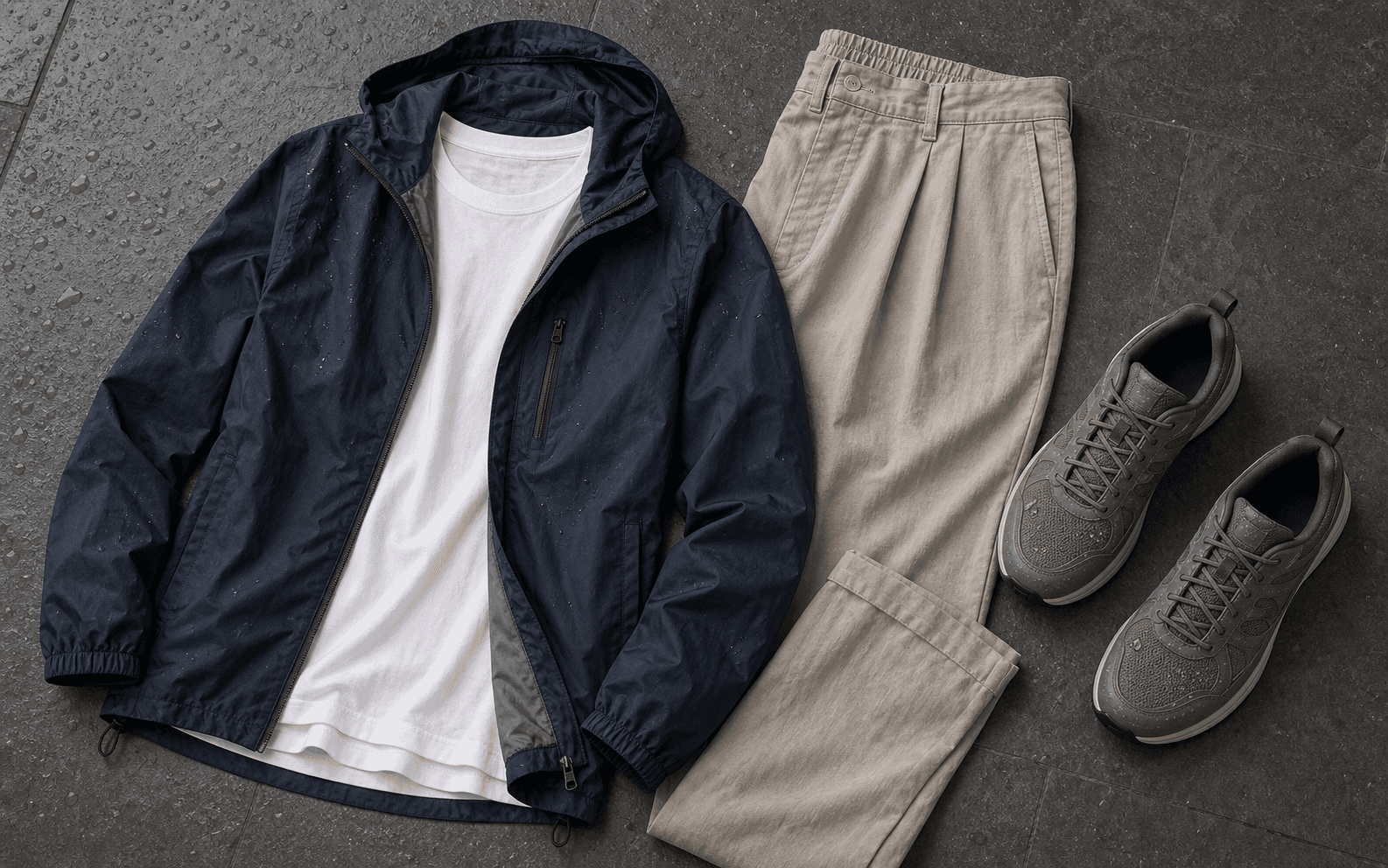 A lightweight tee, nylon rain shell, relaxed trousers, and water-resistant sneakers for summer rain.