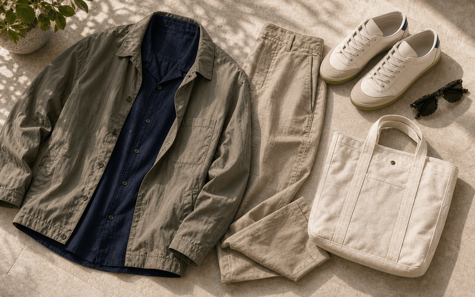 A camp collar shirt, relaxed chinos, breathable sneakers, and nylon overshirt for city travel.