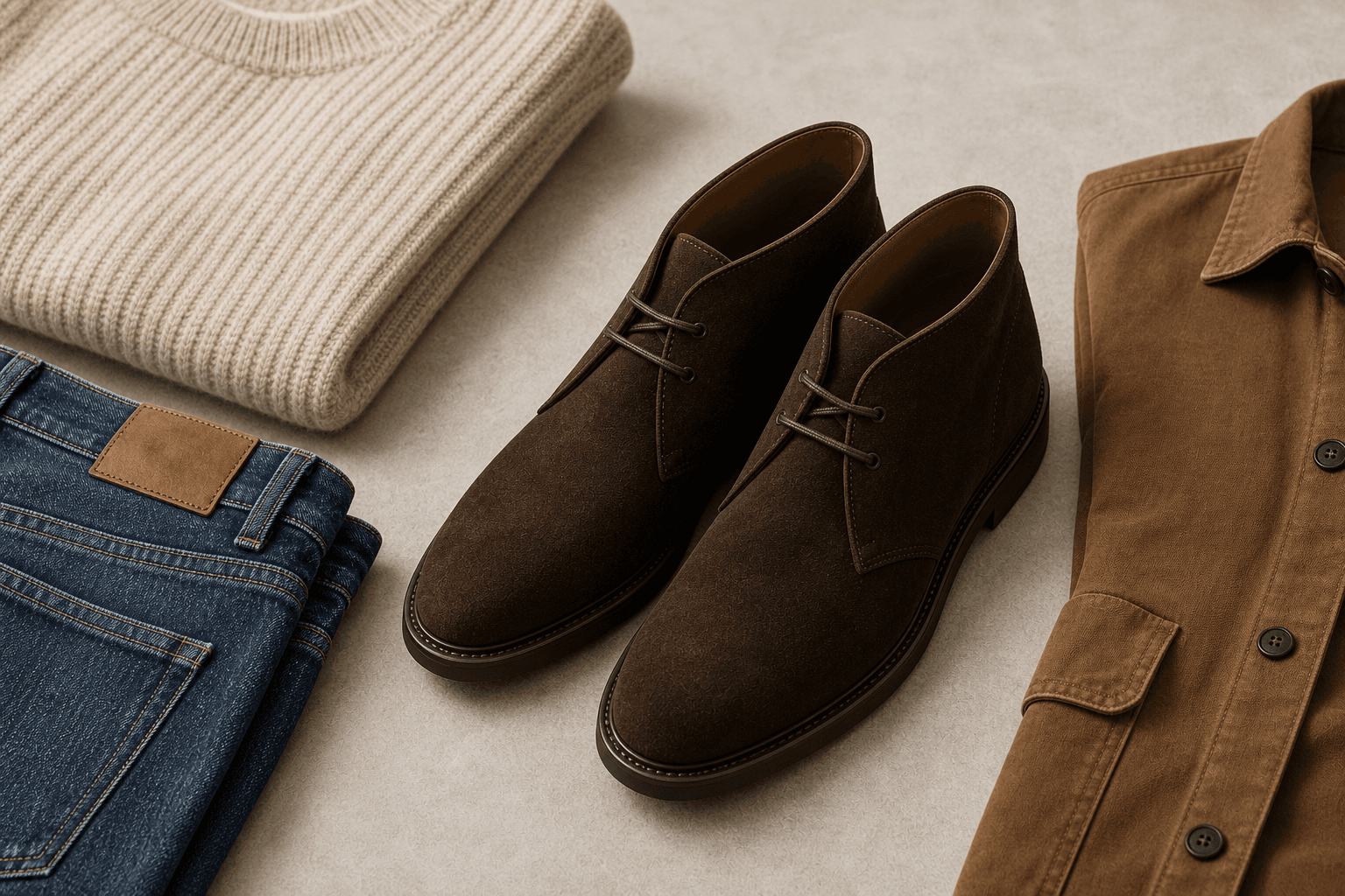 Brown suede chukka boots arranged with denim, oatmeal knitwear, and a tobacco overshirt.