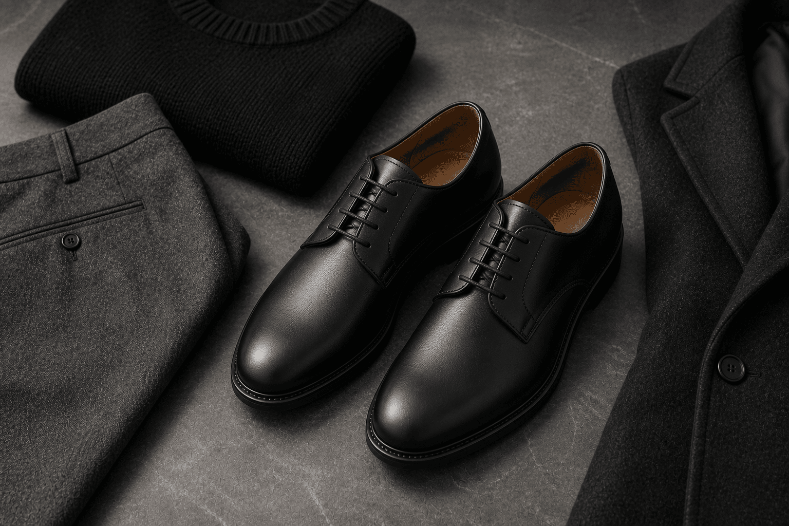 Black plain-toe derby shoes arranged with gray wool trousers and dark knitwear.