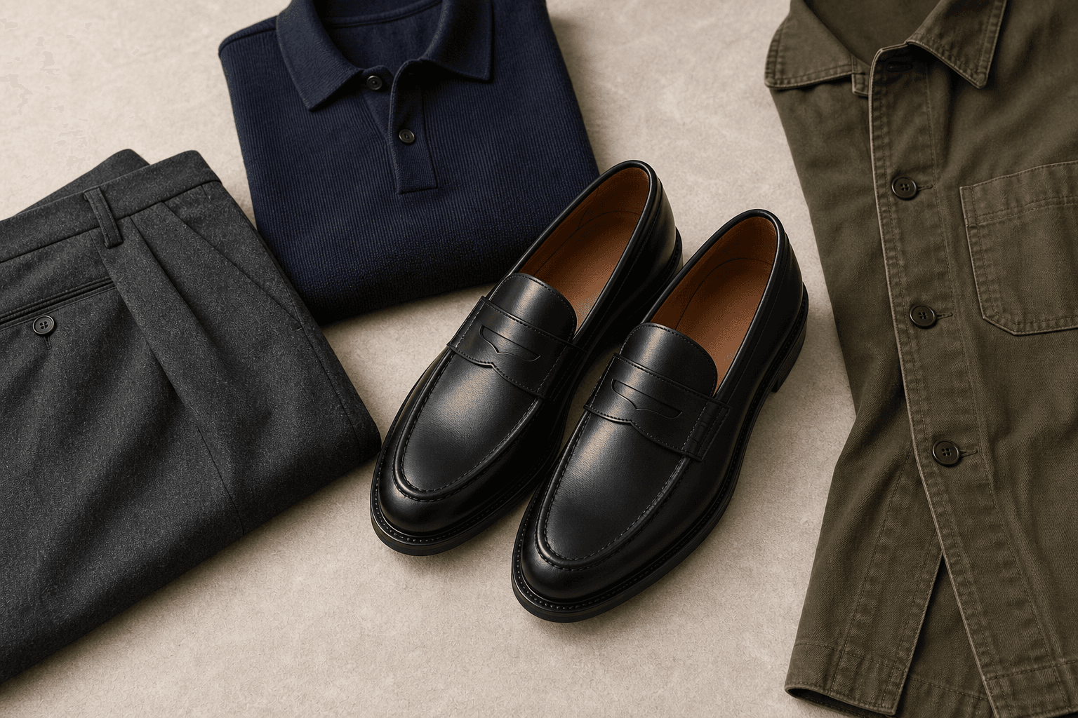 Black leather penny loafers arranged with charcoal trousers and a navy knit polo.