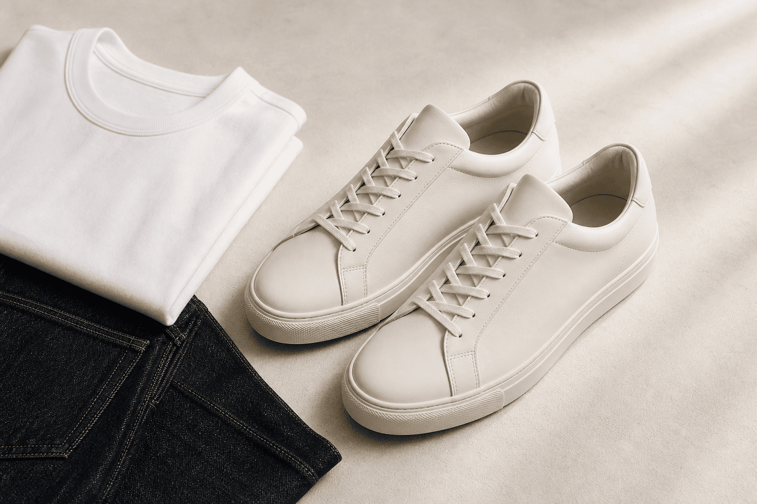 Off-white minimal leather sneakers arranged with a white tee and dark straight denim.