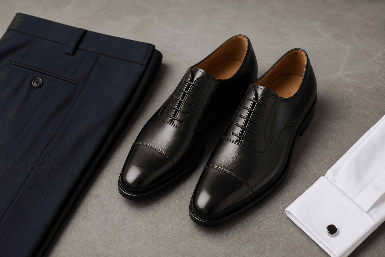 Black cap-toe oxford shoes arranged with navy suit trousers and a white dress shirt.