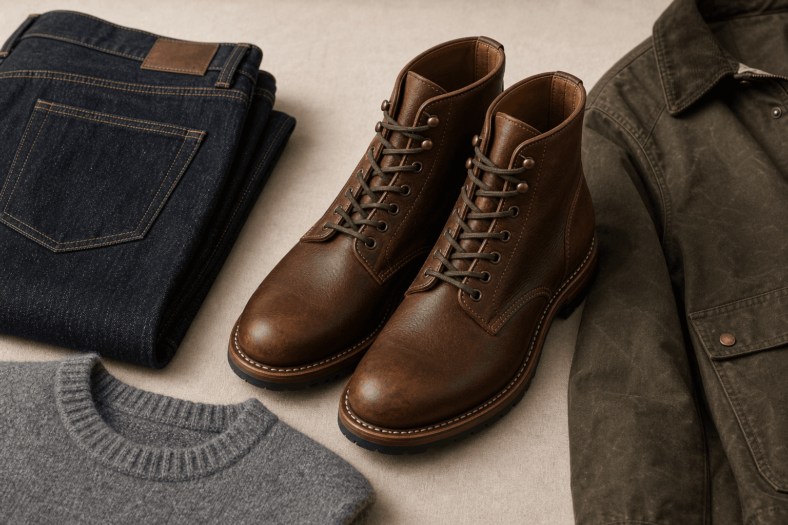 Brown leather service boots arranged with dark denim, a gray sweater, and an olive waxed jacket.