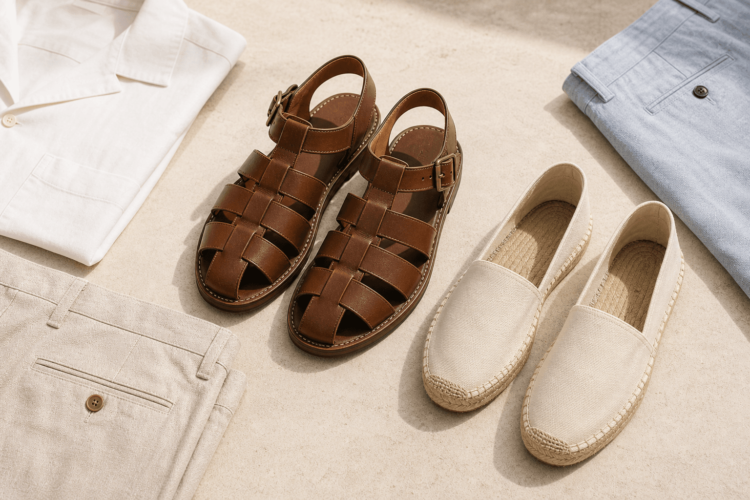 Brown leather fisherman sandals and cream espadrilles arranged with linen summer clothing.