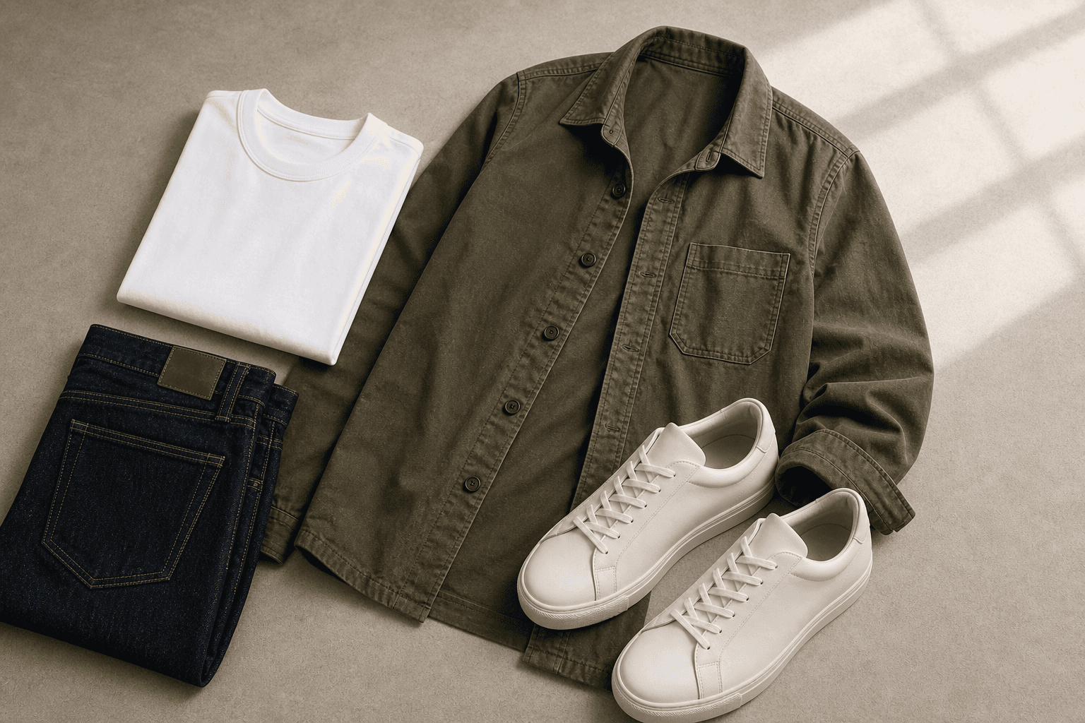 A casual outfit flat lay with a white tee, straight dark jeans, olive overshirt, and off-white minimal sneakers.
