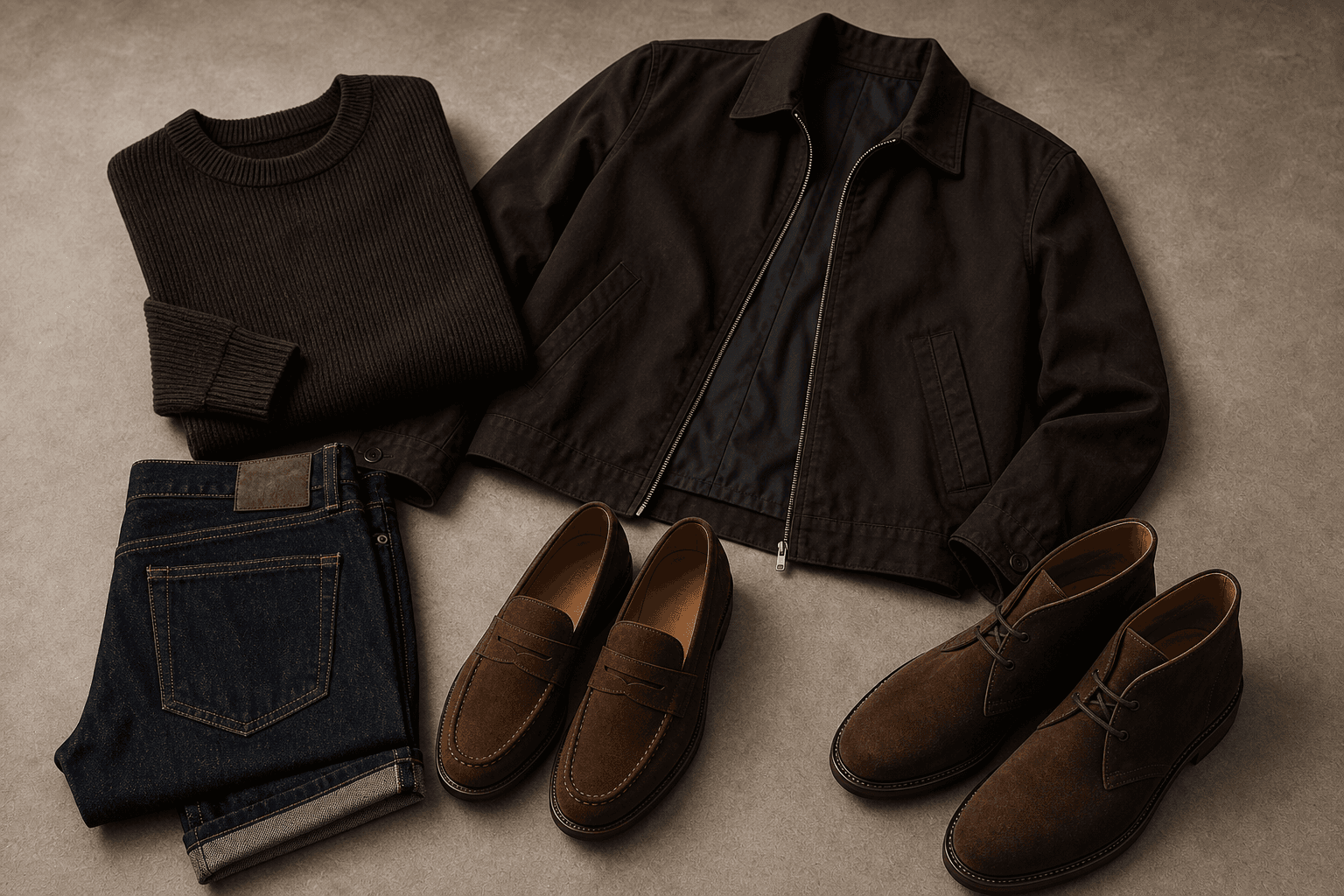 A date dinner flat lay with a dark knit, dark denim, cropped jacket, and brown suede footwear.