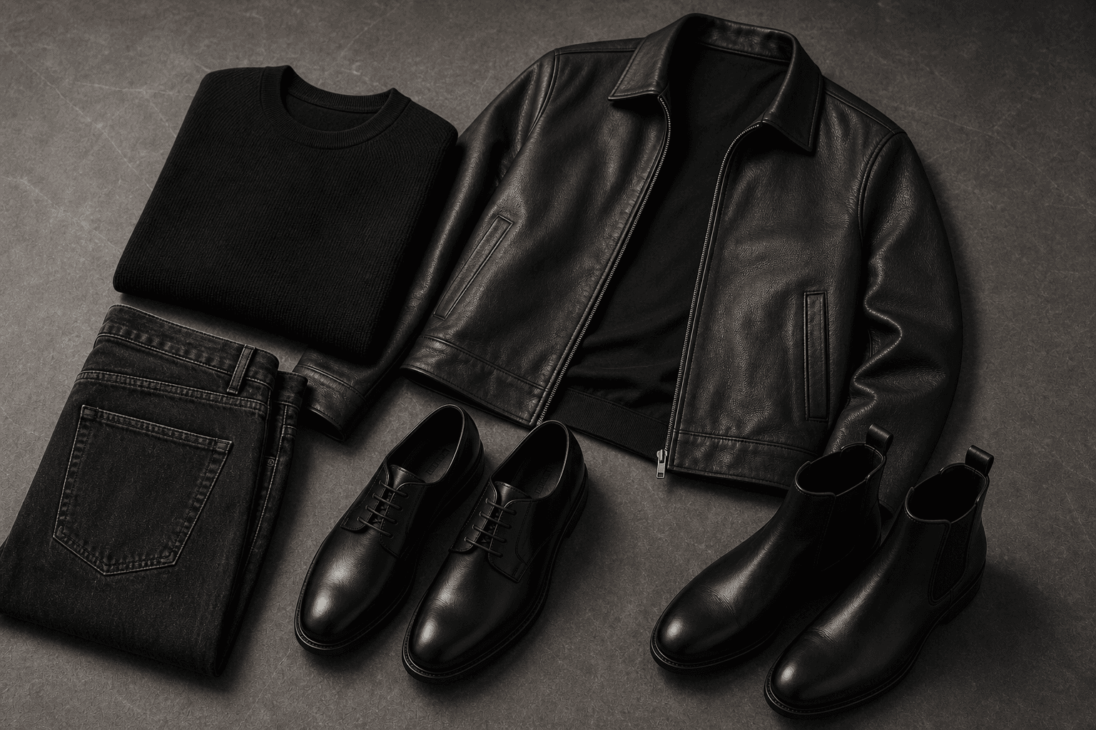 A night-out flat lay with black knitwear, washed black jeans, a cropped leather jacket, and black leather shoes.