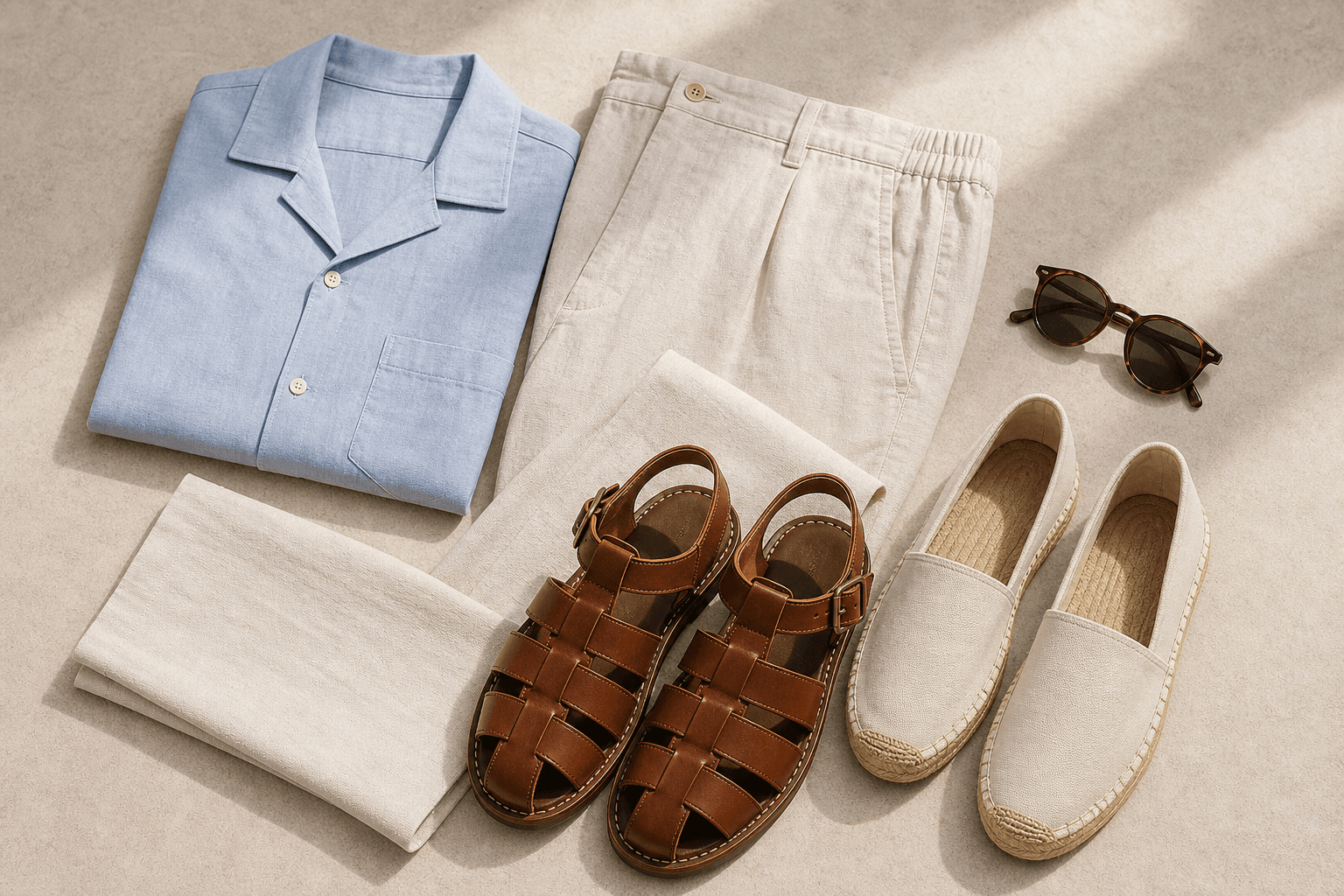A summer city flat lay with a camp collar shirt, cream linen trousers, leather sandals, and espadrilles.