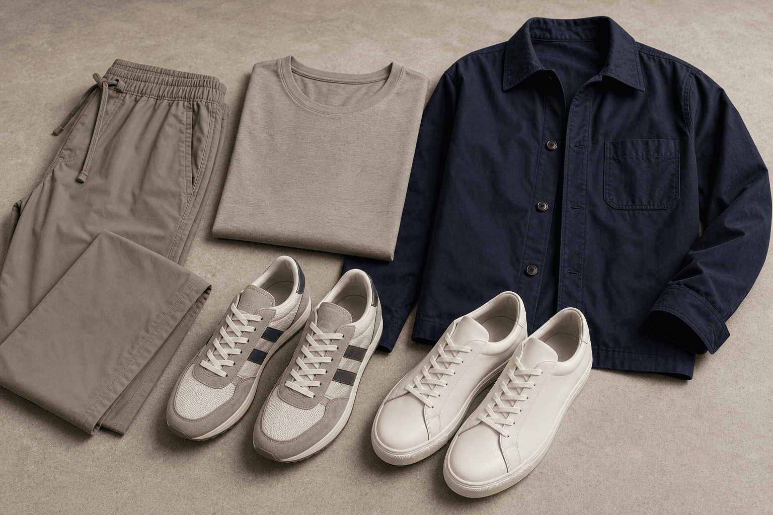 A travel day flat lay with a merino tee, taupe travel trousers, navy overshirt, retro runners, and minimal sneakers.