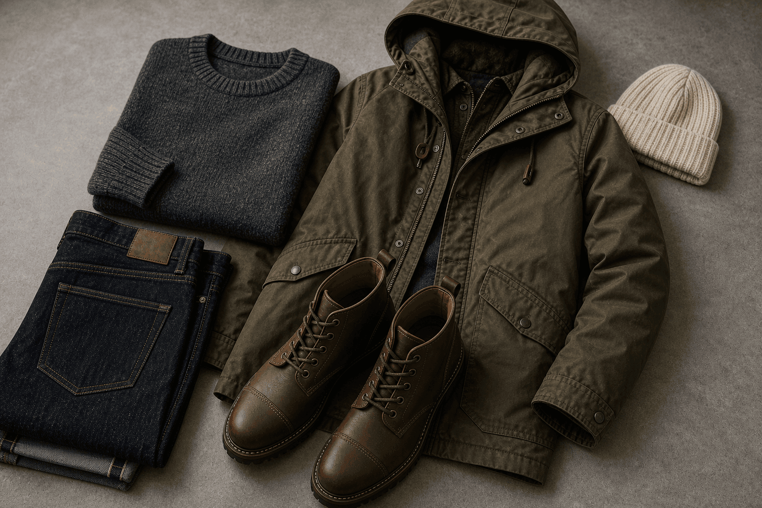 A weather-aware flat lay with a wool sweater, straight denim, olive outerwear, and brown boots.