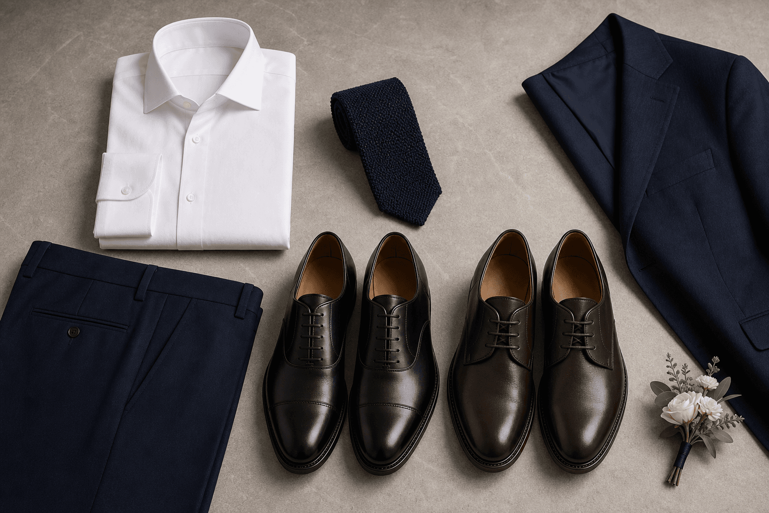 A wedding guest flat lay with navy suit trousers, a white dress shirt, and formal leather shoes.