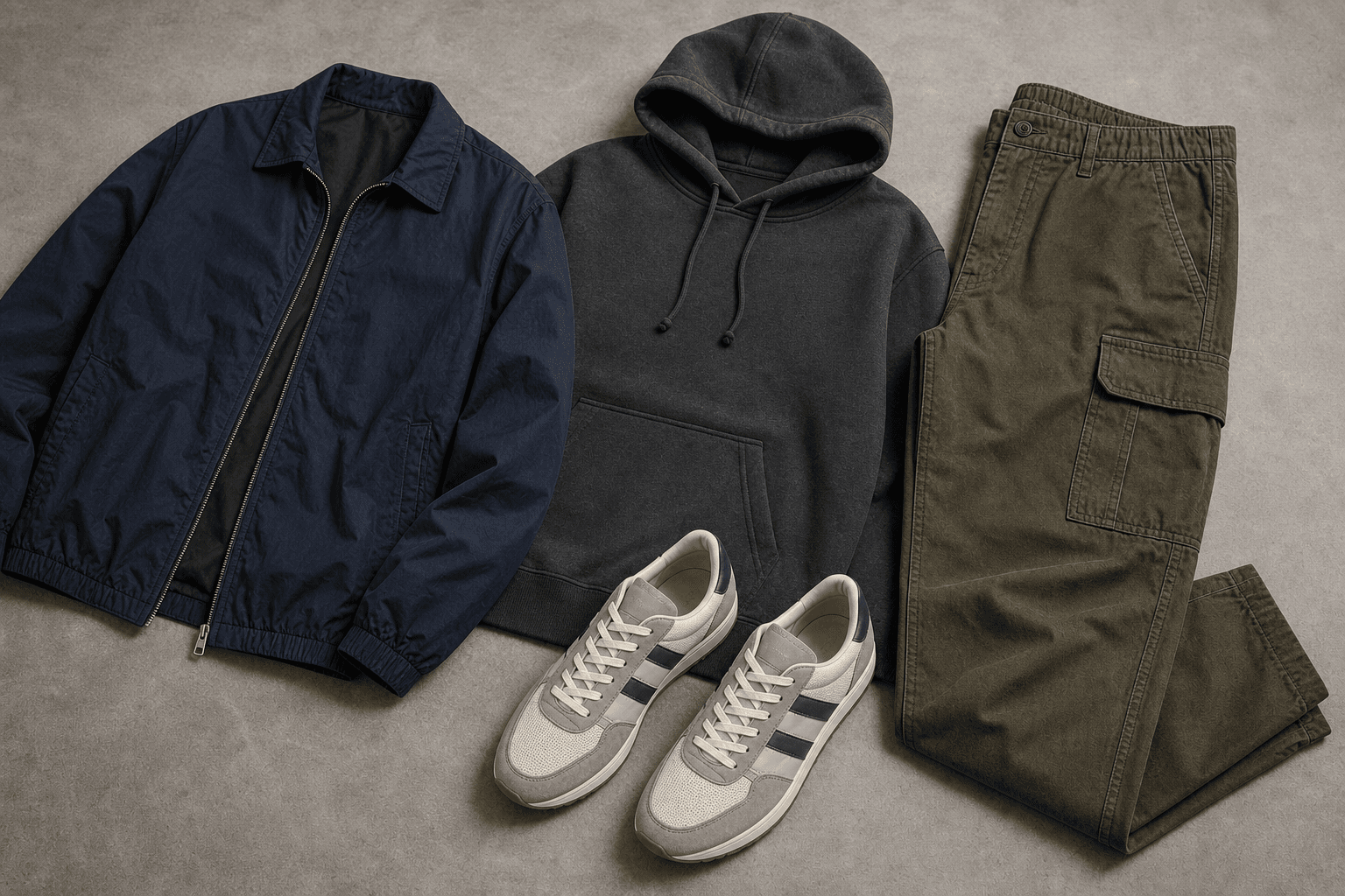 A weekend street casual flat lay with a charcoal hoodie, olive cargos, navy nylon jacket, and retro runners.