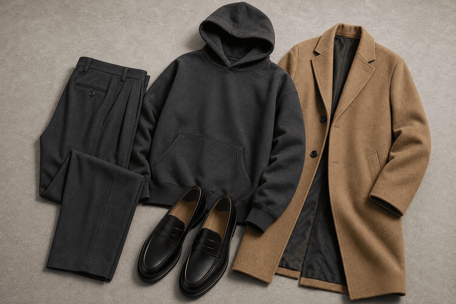 A high-low streetwear flat lay with a blank hoodie, relaxed trousers, long coat, and black loafers.