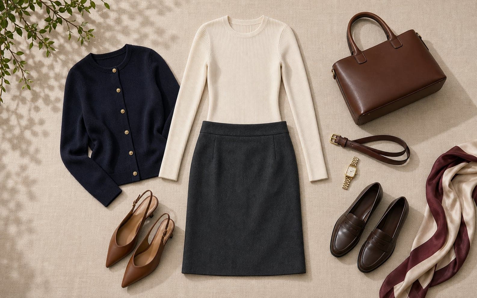 A knee-length skirt arranged with a slim knit, cardigan, loafers, and a structured day bag.