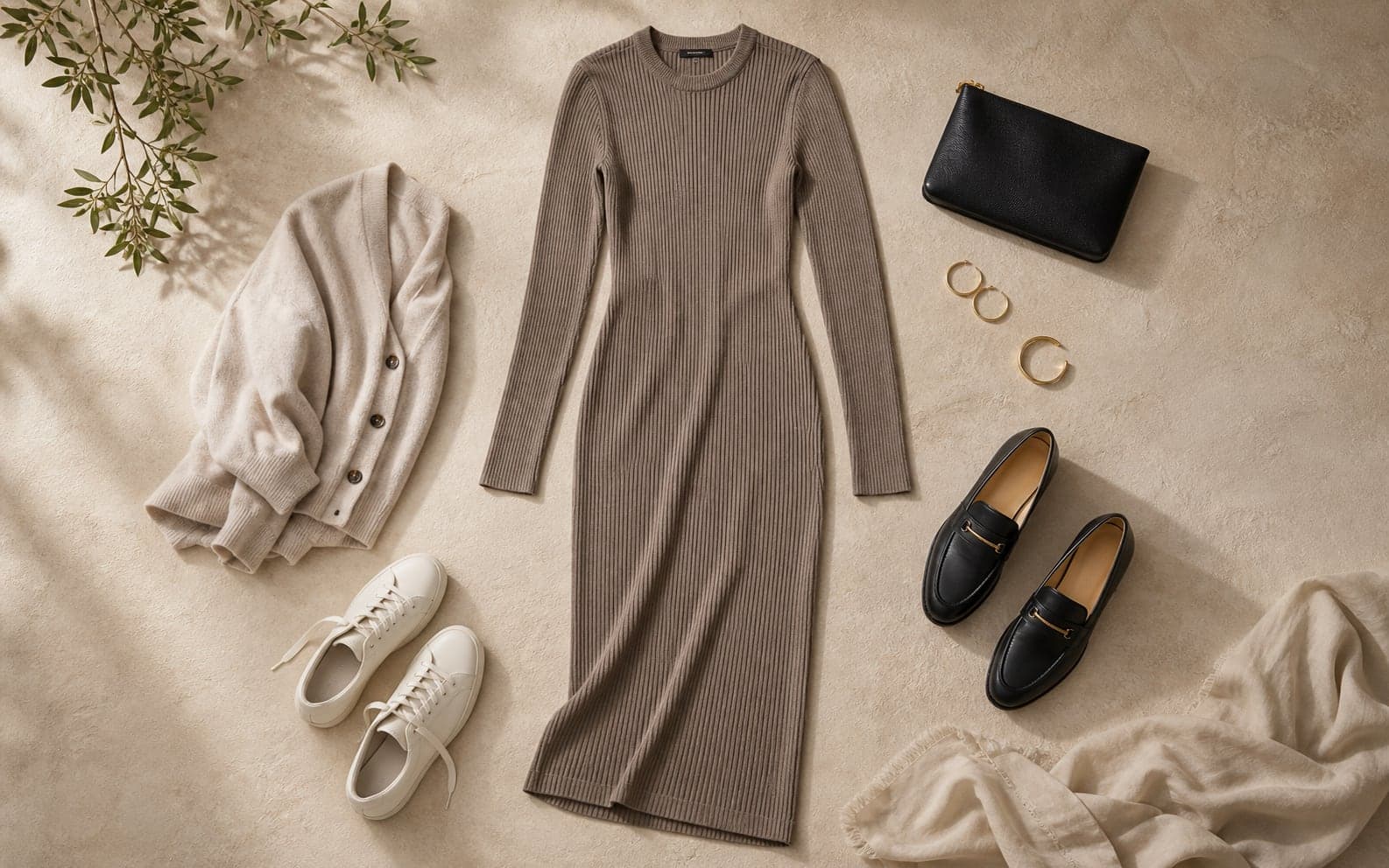 A taupe ribbed knit dress arranged with sneakers, loafers, jewelry, and a soft cardigan.