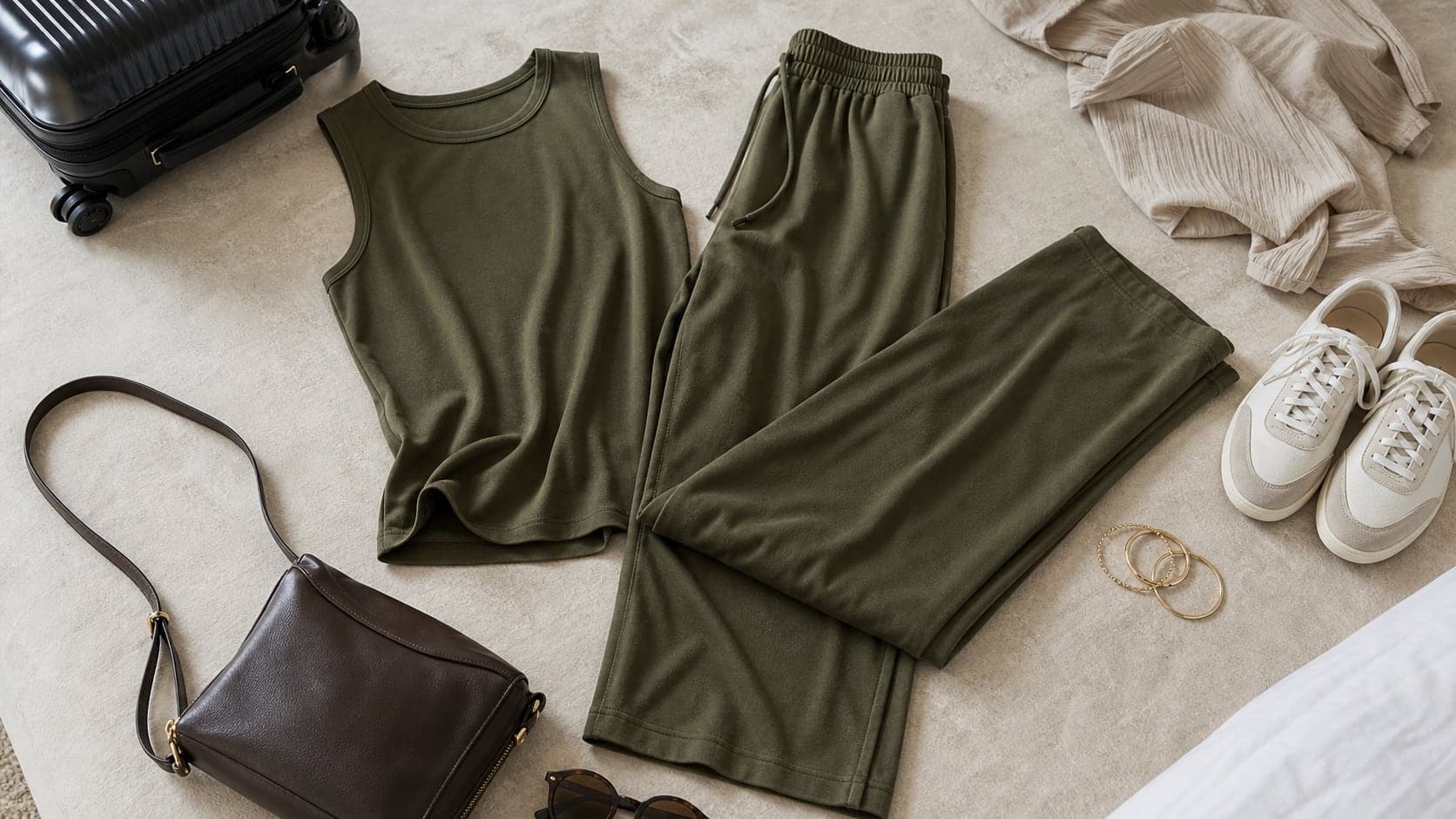 An ivory satin midi skirt styled with a knit top, flats, blazer, and structured bag in an editorial flat lay.