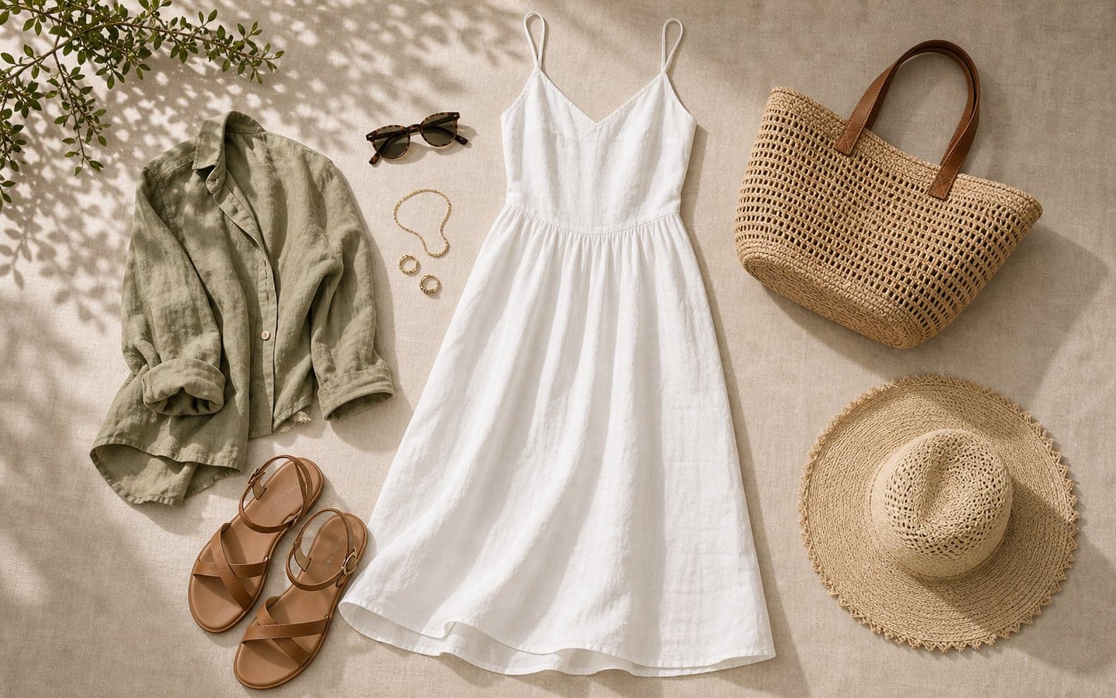 A linen vacation dress styled with flat sandals, a woven bag, sunglasses, and a light shirt layer.