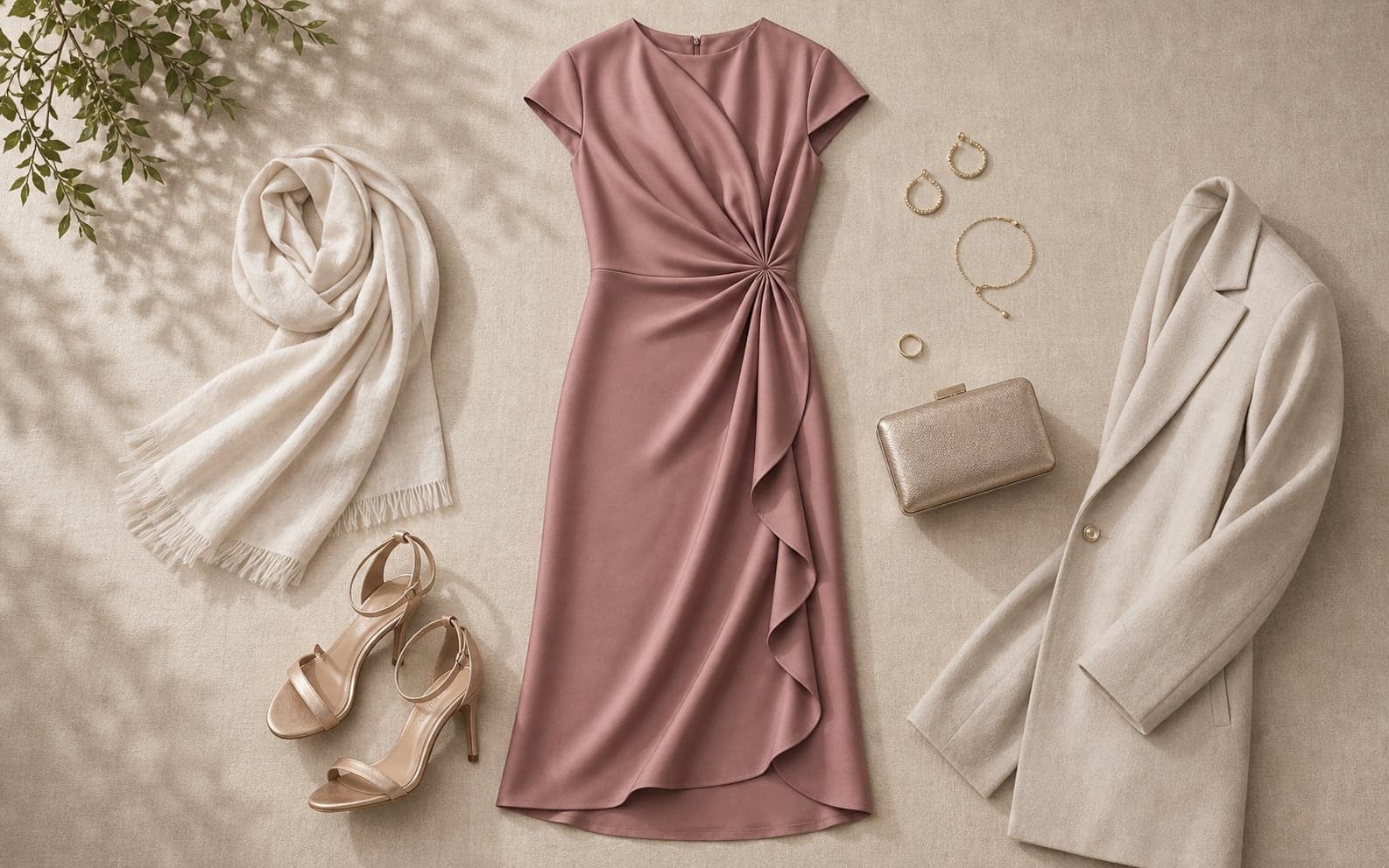 A draped wedding guest dress styled with heeled sandals, a metallic clutch, fine jewelry, and a wrap.