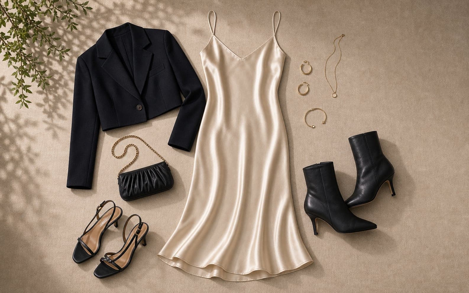 A satin slip dress styled with a cropped jacket, heeled sandals, sleek boots, and a compact evening bag.