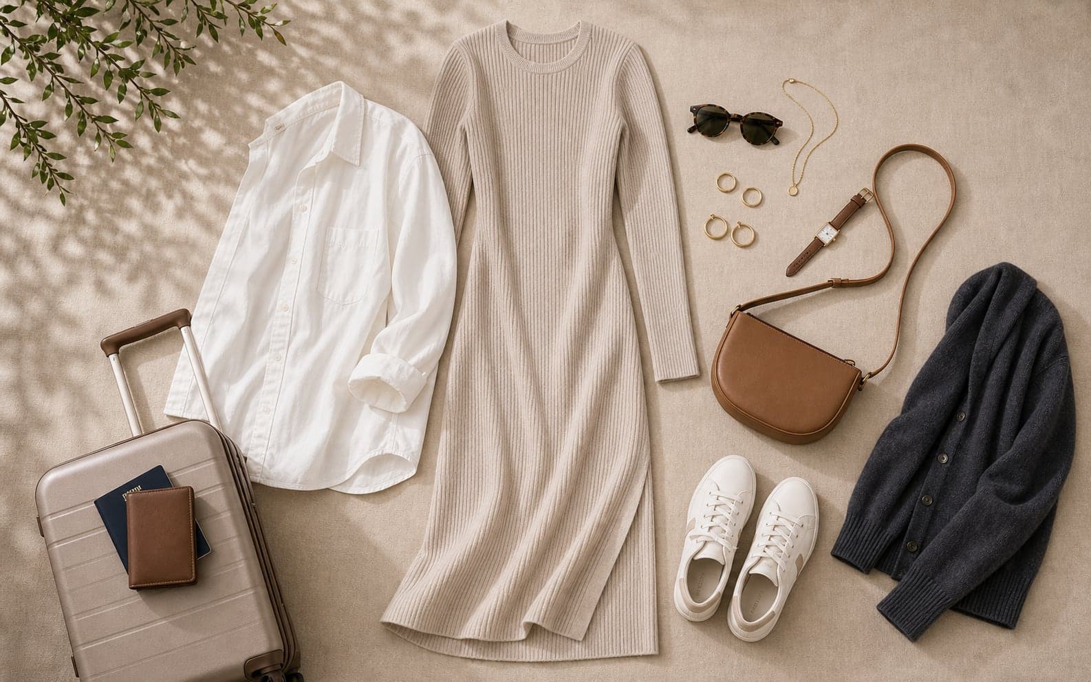 A soft knit dress styled with an oversized shirt layer, clean sneakers, crossbody bag, sunglasses, and simple jewelry.