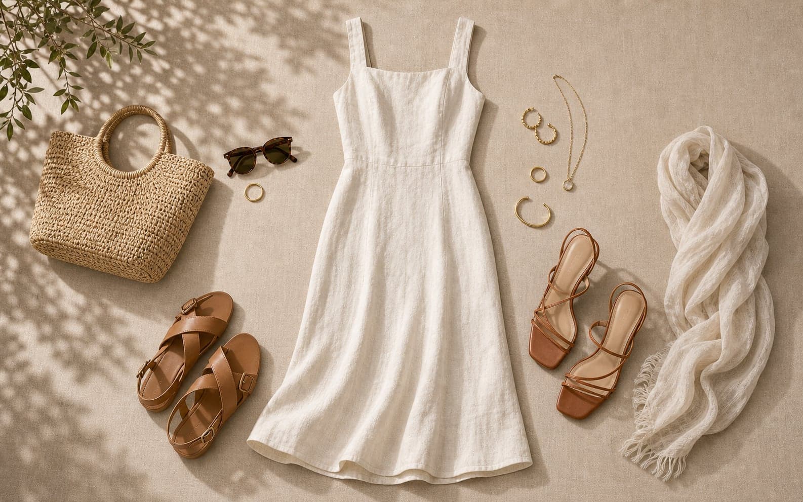 A linen midi dress styled with flat sandals and a woven bag for day plus jewelry, a wrap, and strappy sandals for night.