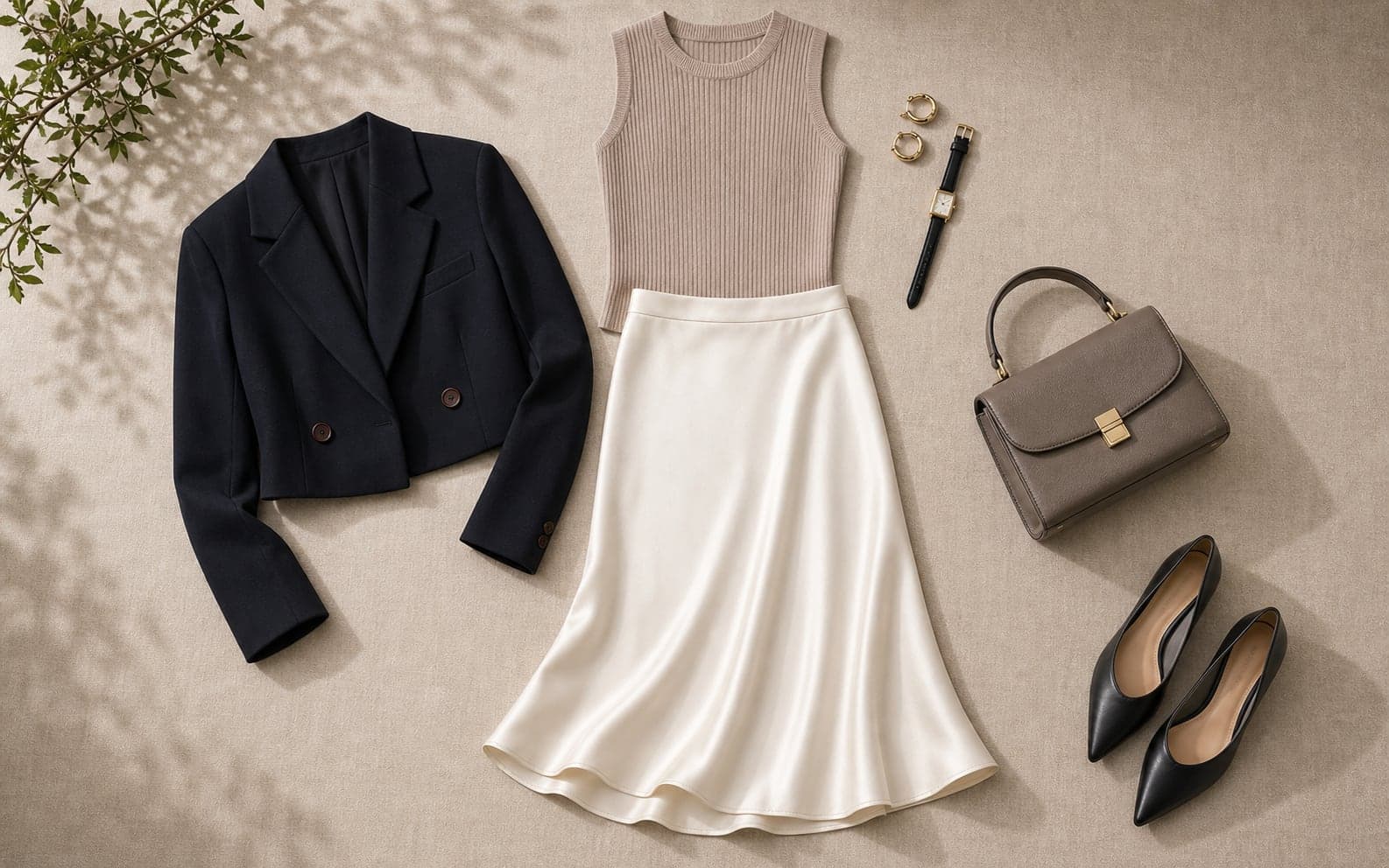A satin midi skirt styled with a sleeveless knit, cropped blazer, pointed flats, and a work bag.