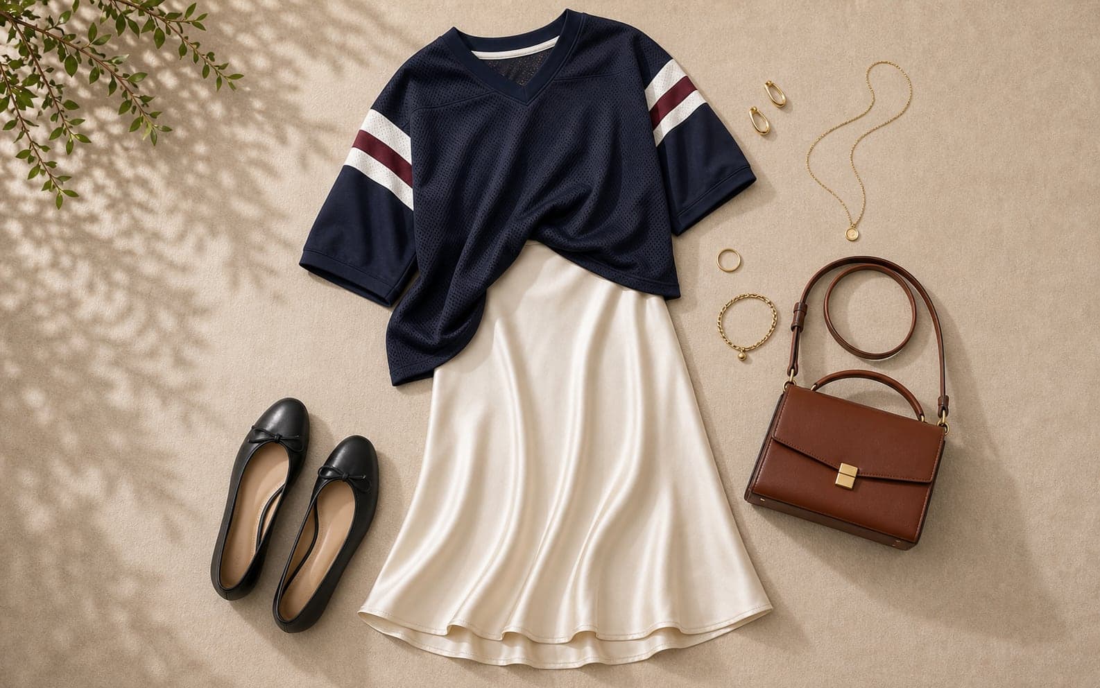 A satin midi skirt styled with an oversized sporty top, sleek flats, structured bag, and minimal jewelry.