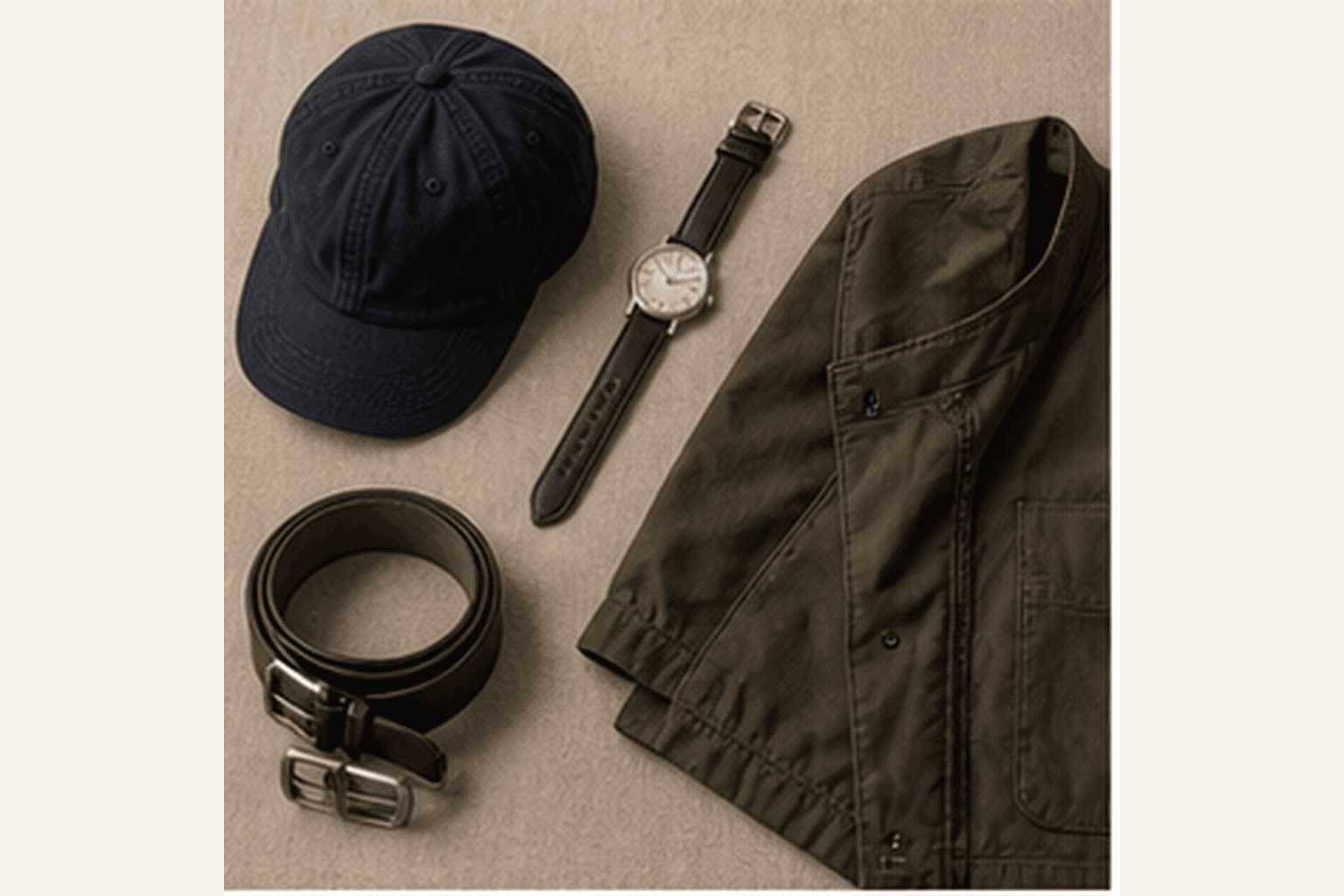 Neutral office accessories including a cap, watch, leather belt, and olive outer layer.