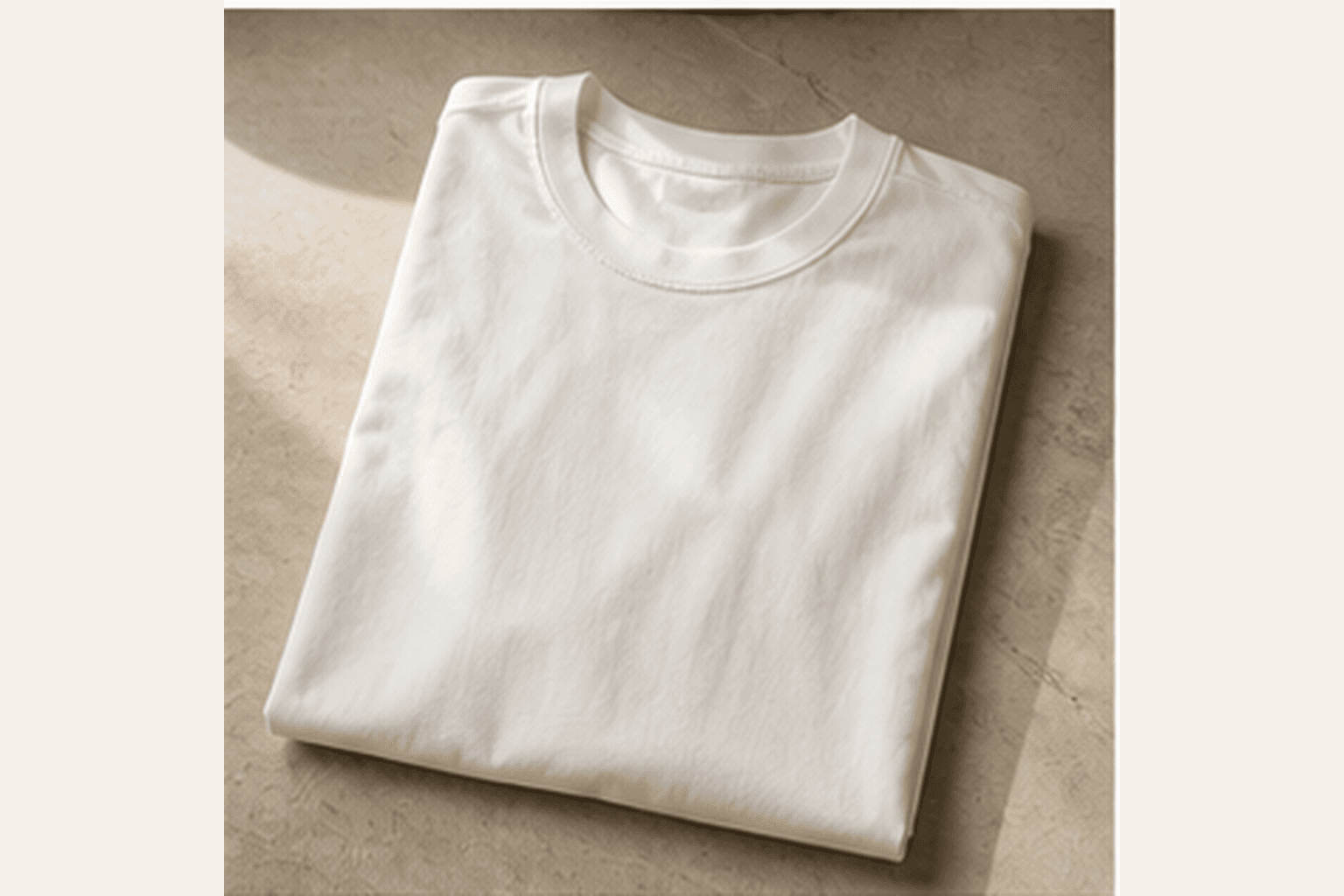 Folded substantial white T-shirt on a warm neutral surface.