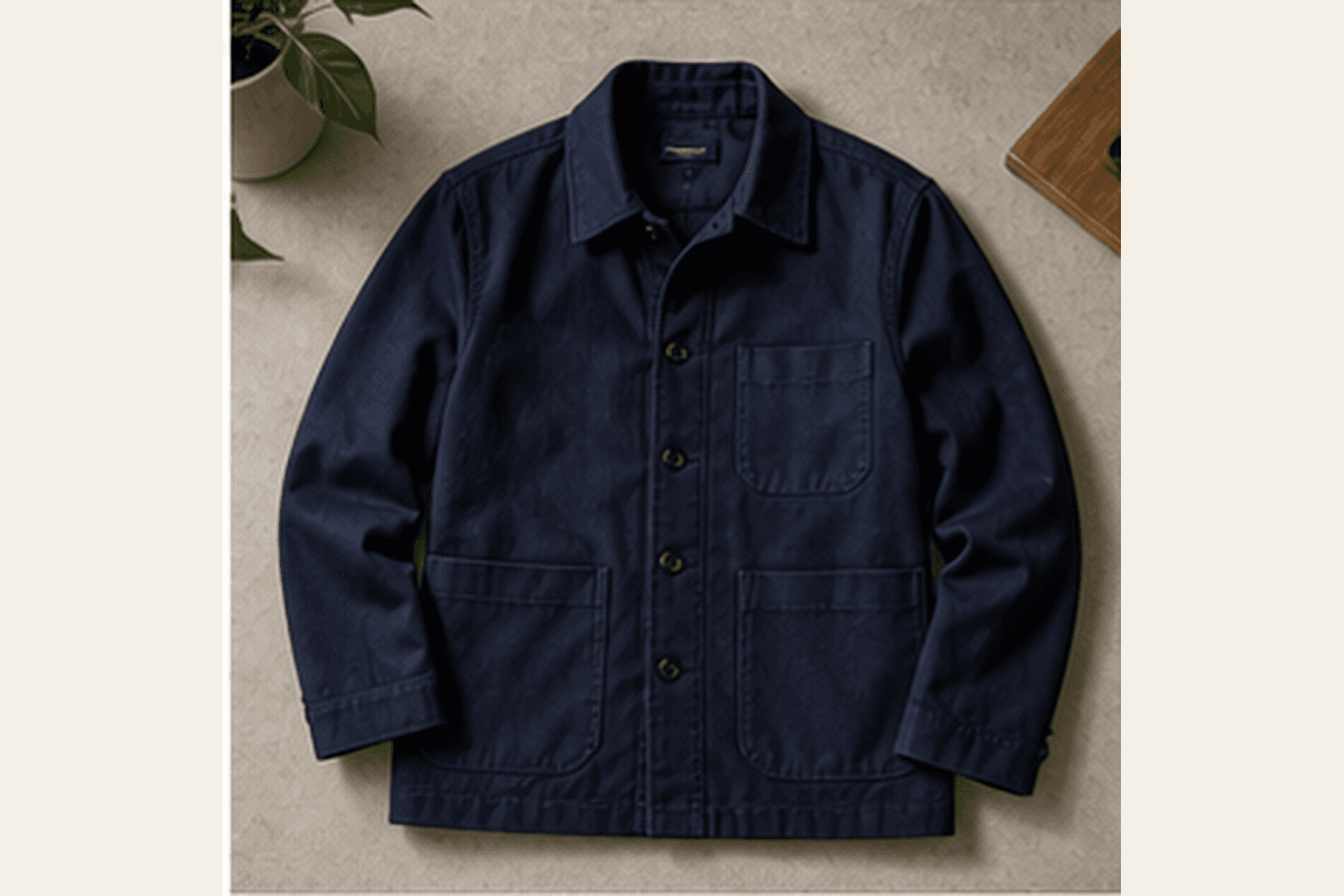 Navy chore jacket laid flat with patch pockets and structured cotton fabric.