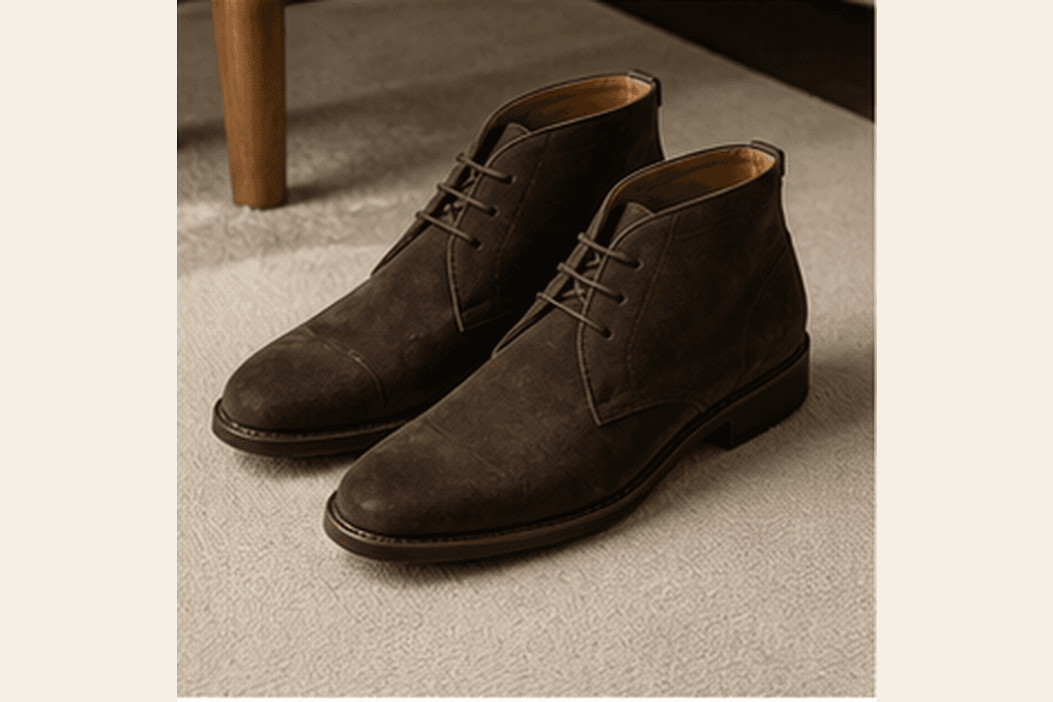 Brown suede ankle boots with simple lacing on a neutral floor.