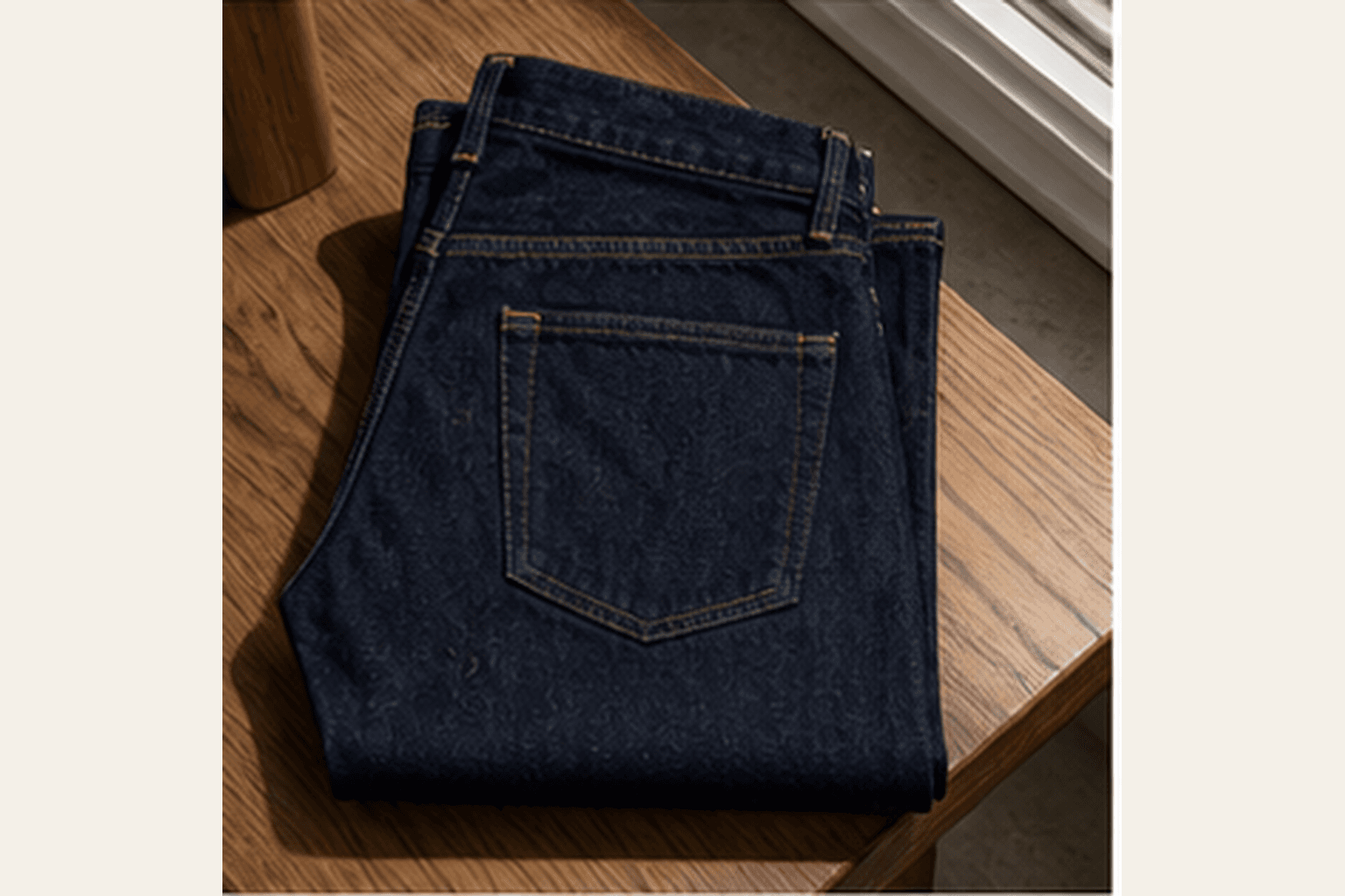 Folded dark indigo straight jeans on a wooden surface.