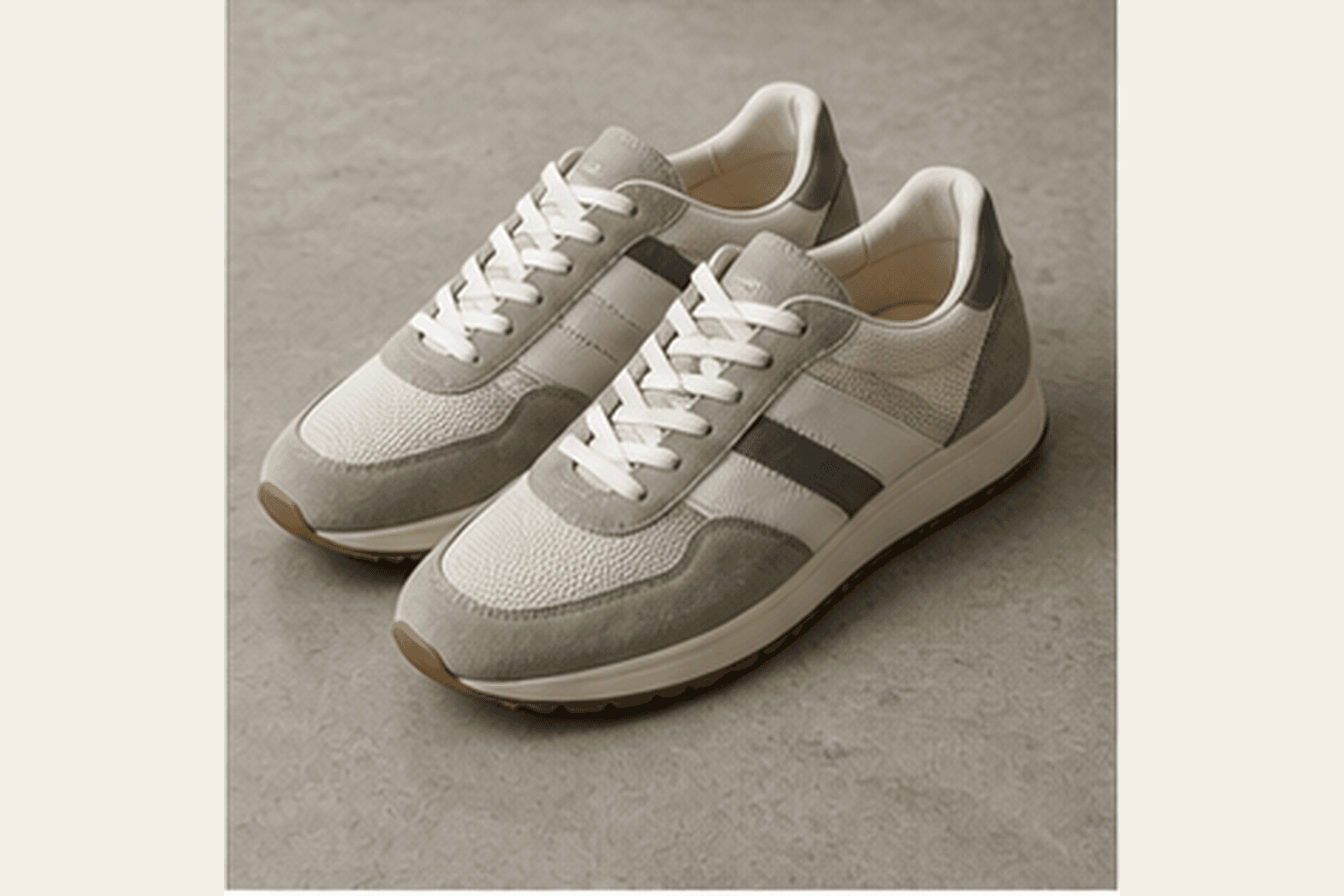 Clean low-profile retro runners in white and grey suede.