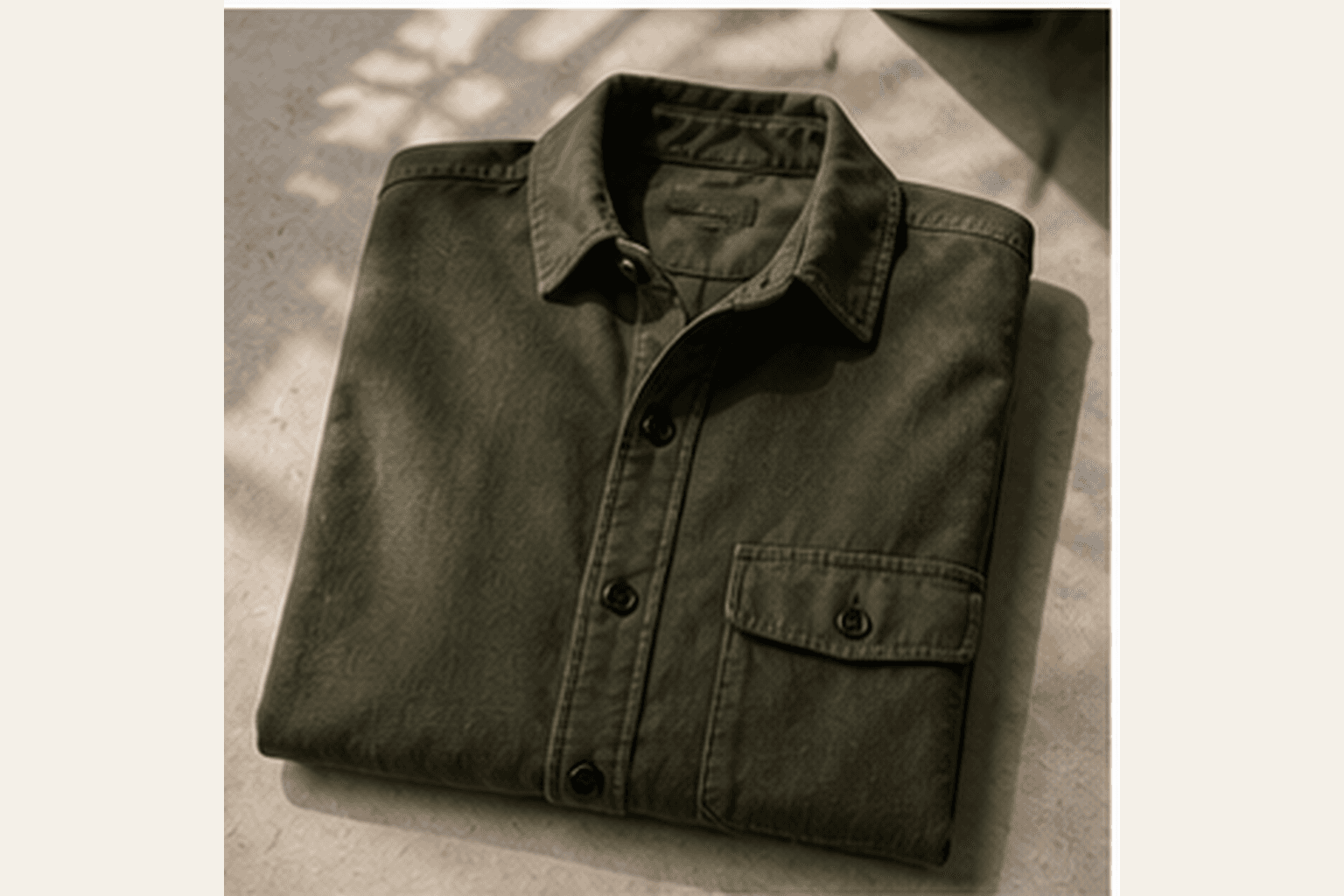 Folded olive cotton overshirt with textured twill fabric.