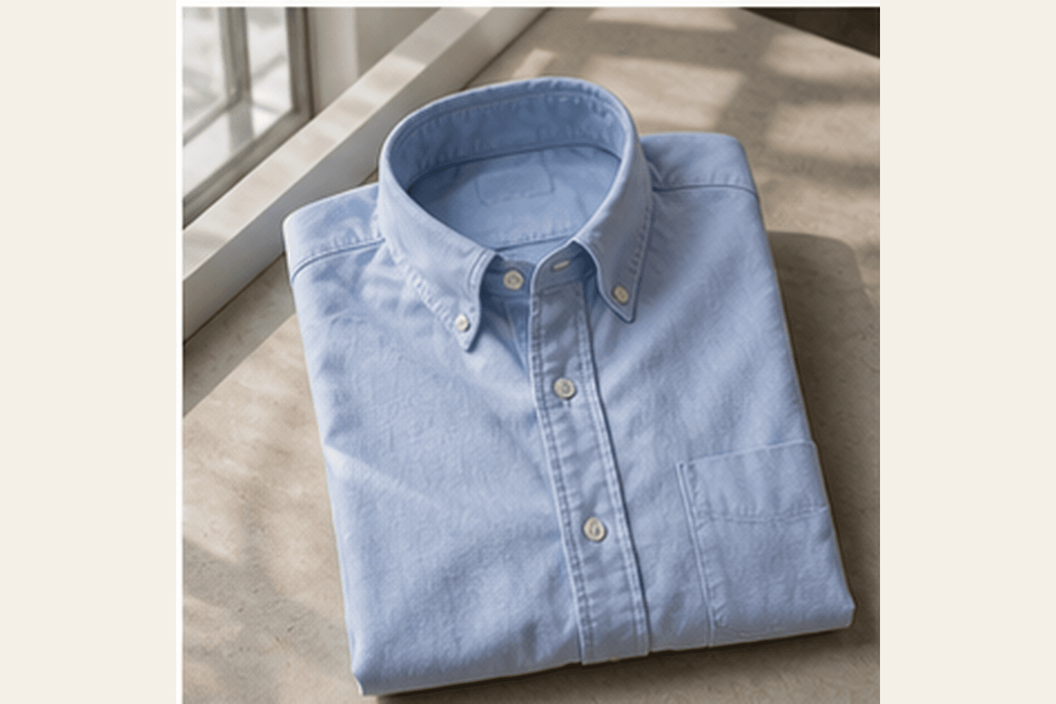 Folded light blue oxford cloth button-down shirt in soft natural light.