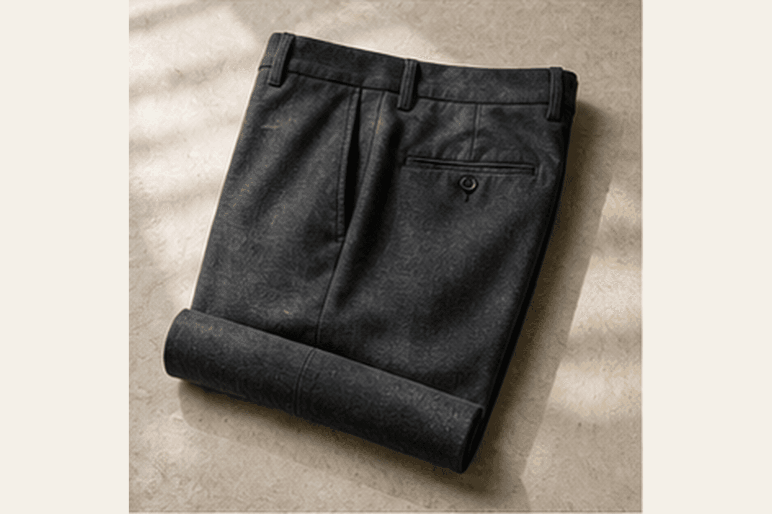 Folded charcoal relaxed wool trousers with visible drape and texture.