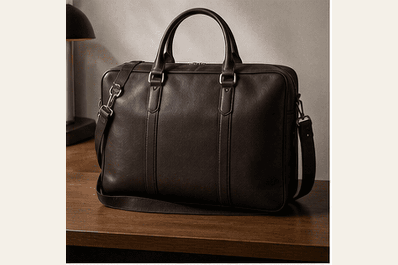 Structured dark leather work bag on a wooden table.