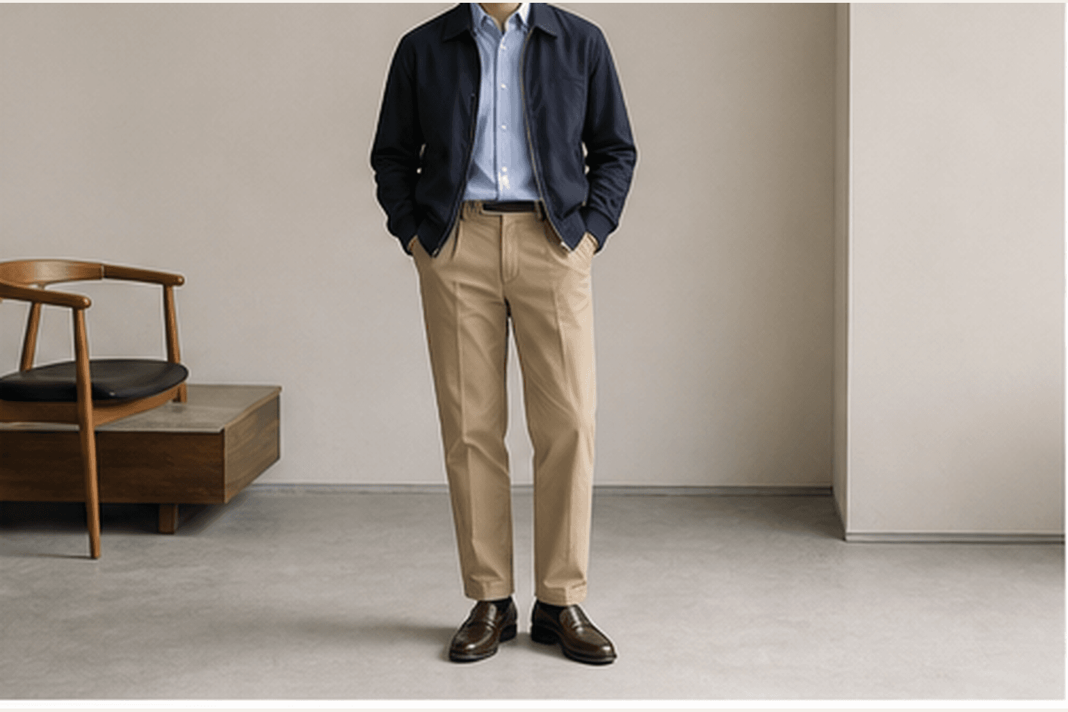 Simple budget office outfit with oxford shirt, chinos, jacket, and clean shoes.
