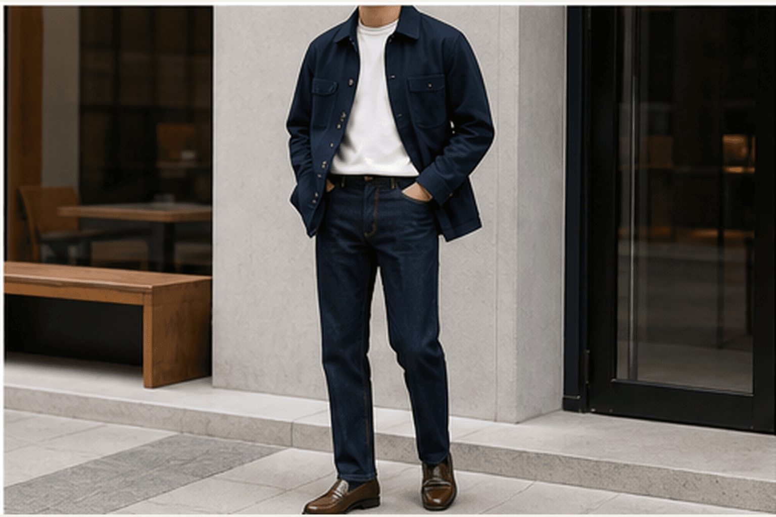 Casual hybrid office outfit with white tee, navy chore jacket, dark jeans, and loafers.