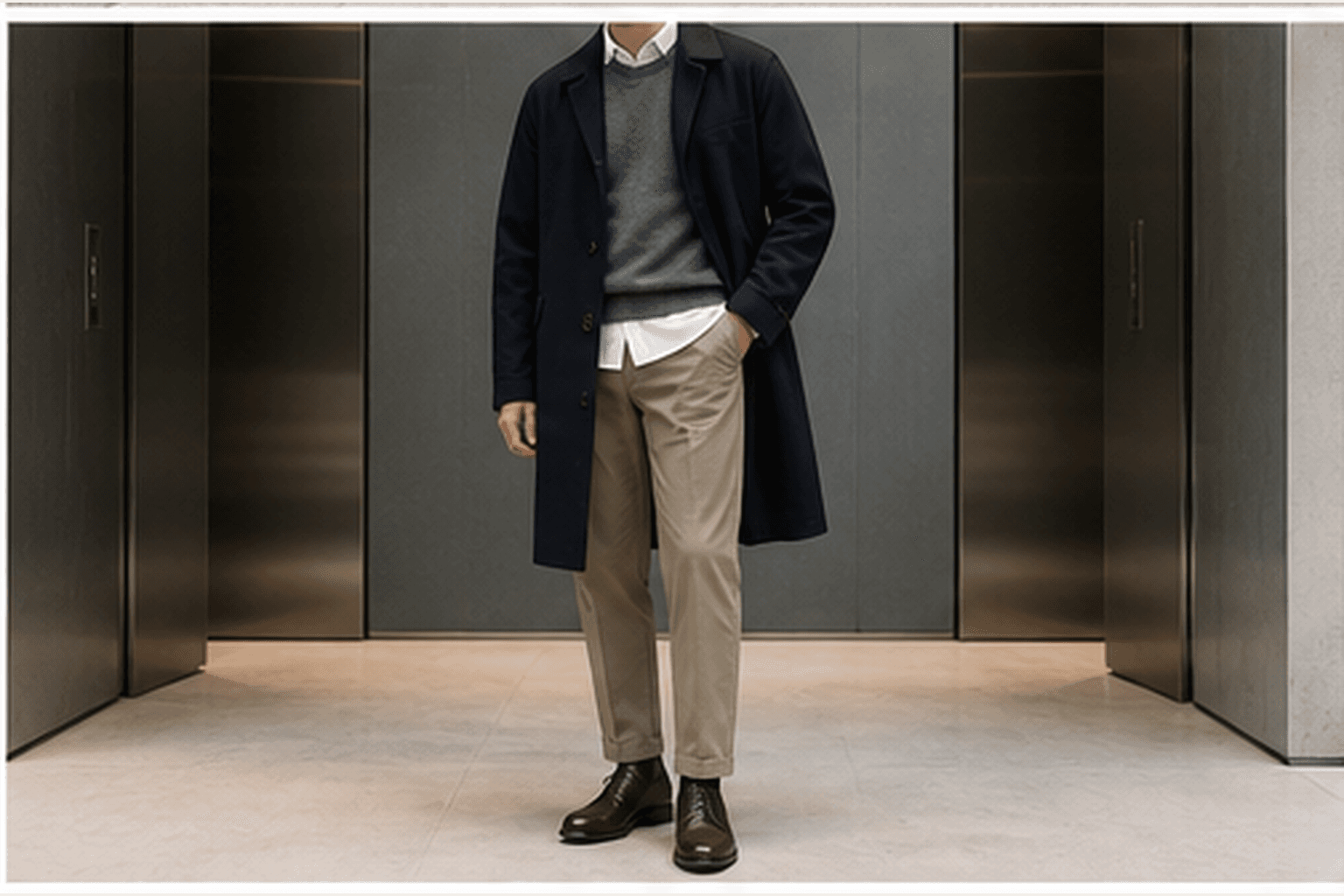 Layered cold office outfit with oxford shirt, merino crewneck, chinos, boots, and wool coat.